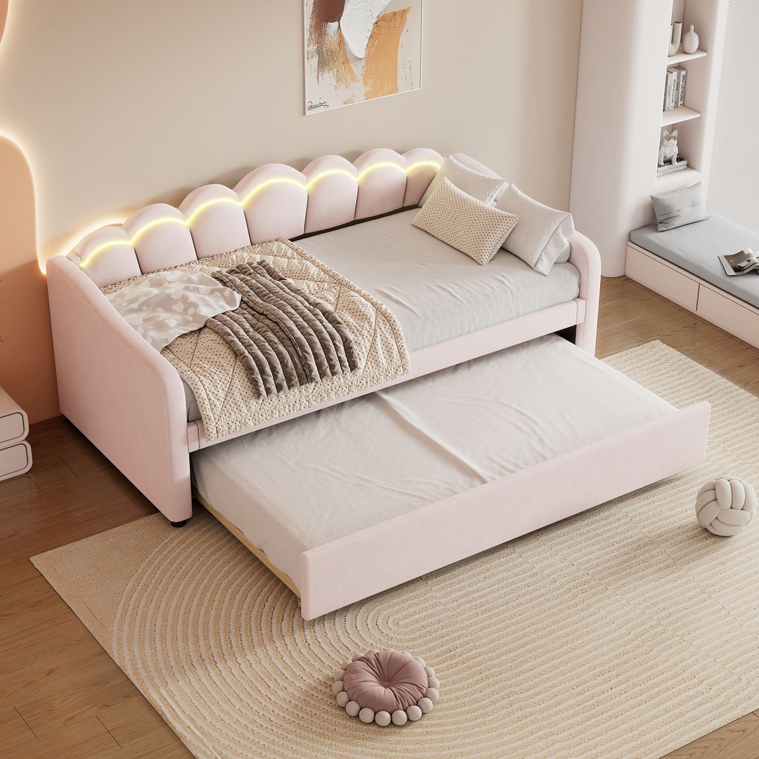 Bett 90x200 cm Polster-Daybett aus Samt mit ausziehbarem Rollbett und stimmungsvollem LED-Kopfteil, Rosa Bild 1