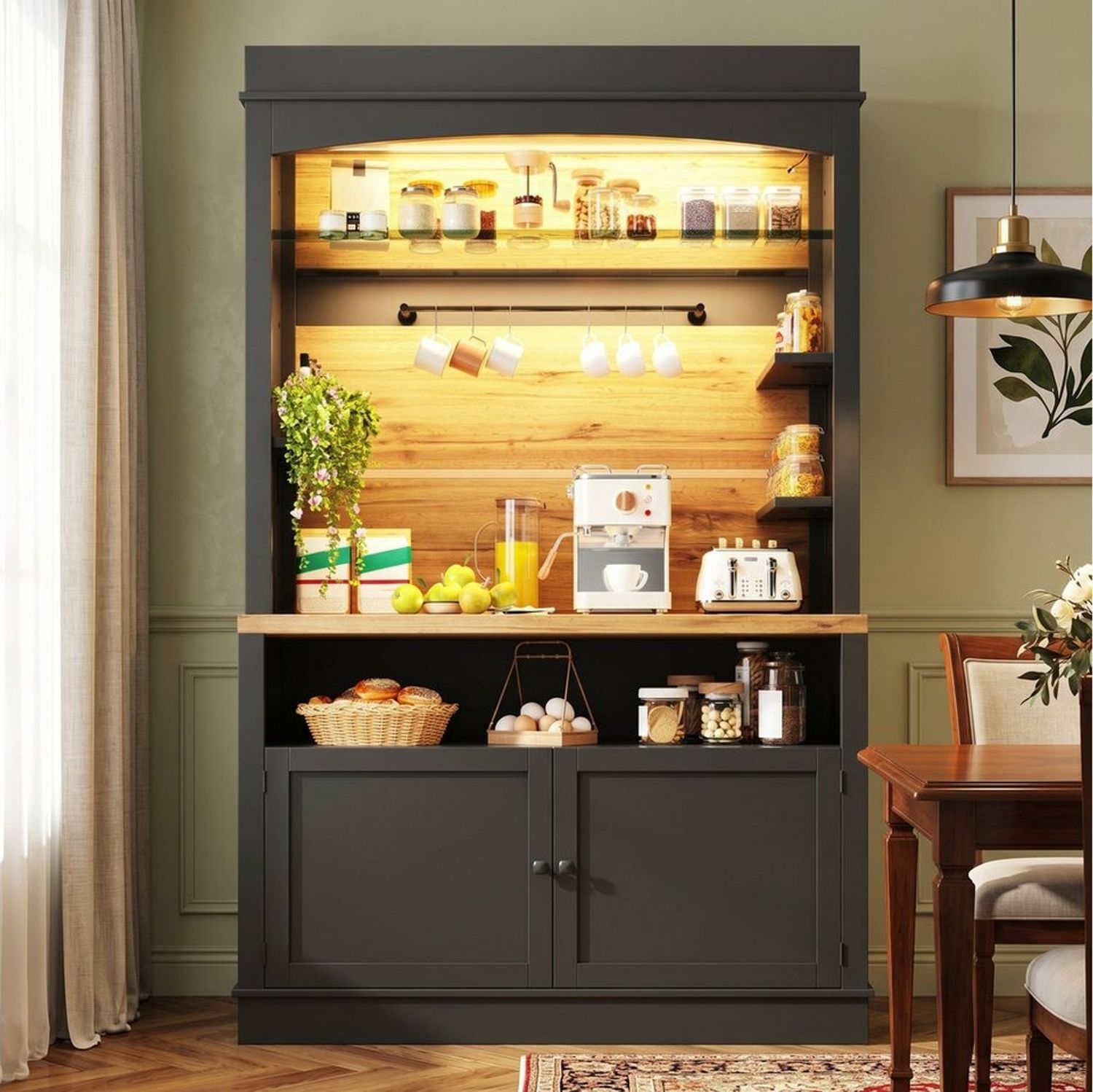 Flieks Küchenbuffet mit LED-Beleuchtung, Gläserhalter und Ablagen (1-St, 107 x 43 x 184 cm) Hochschrank Küchenschrank Buffetschrank mit Stauraum Schwarz Bild 1