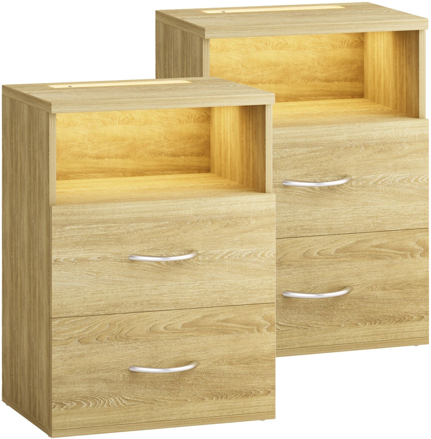 CASARIA® Nachttisch 2er Set mit Schubladen & Beleuchtung Eiche Bild 1