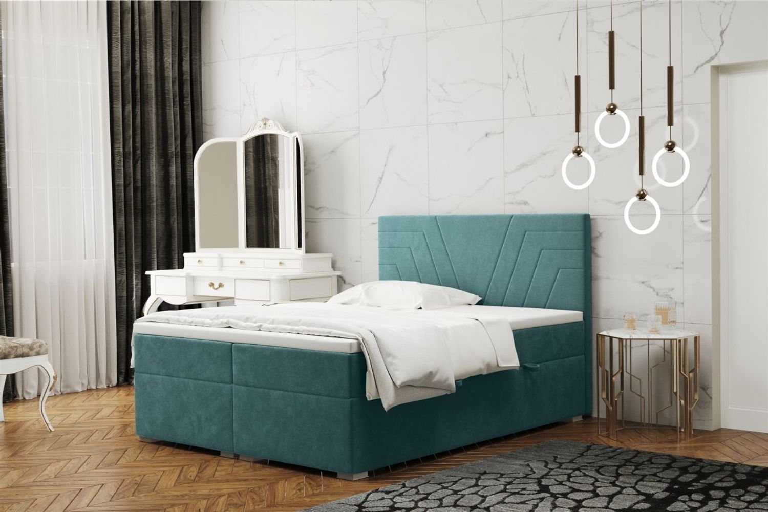 Boxspringbett Schlafzimmerbett RAMON 140x220cm in Stoff Matt Velvet Türkisblau Bild 1