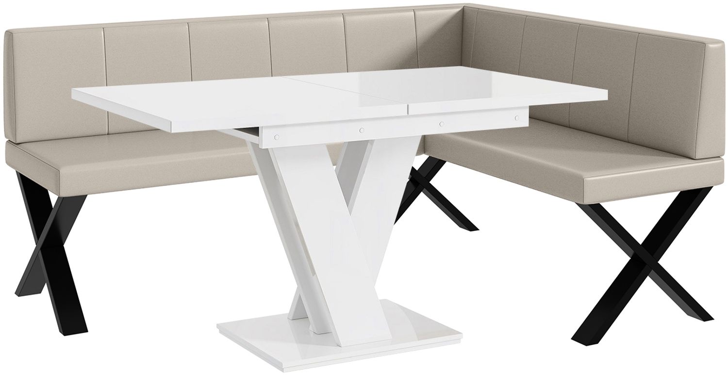 MEBLINI Eckbank für Esszimmer mit ausziehbarem Tisch - Küchenbank - Essecke - Sitzecke Küche - PETER - X-Beine 128x168x87cm Rechts - Beige Kunstleder/M Weiß Hochgl. Bild 1