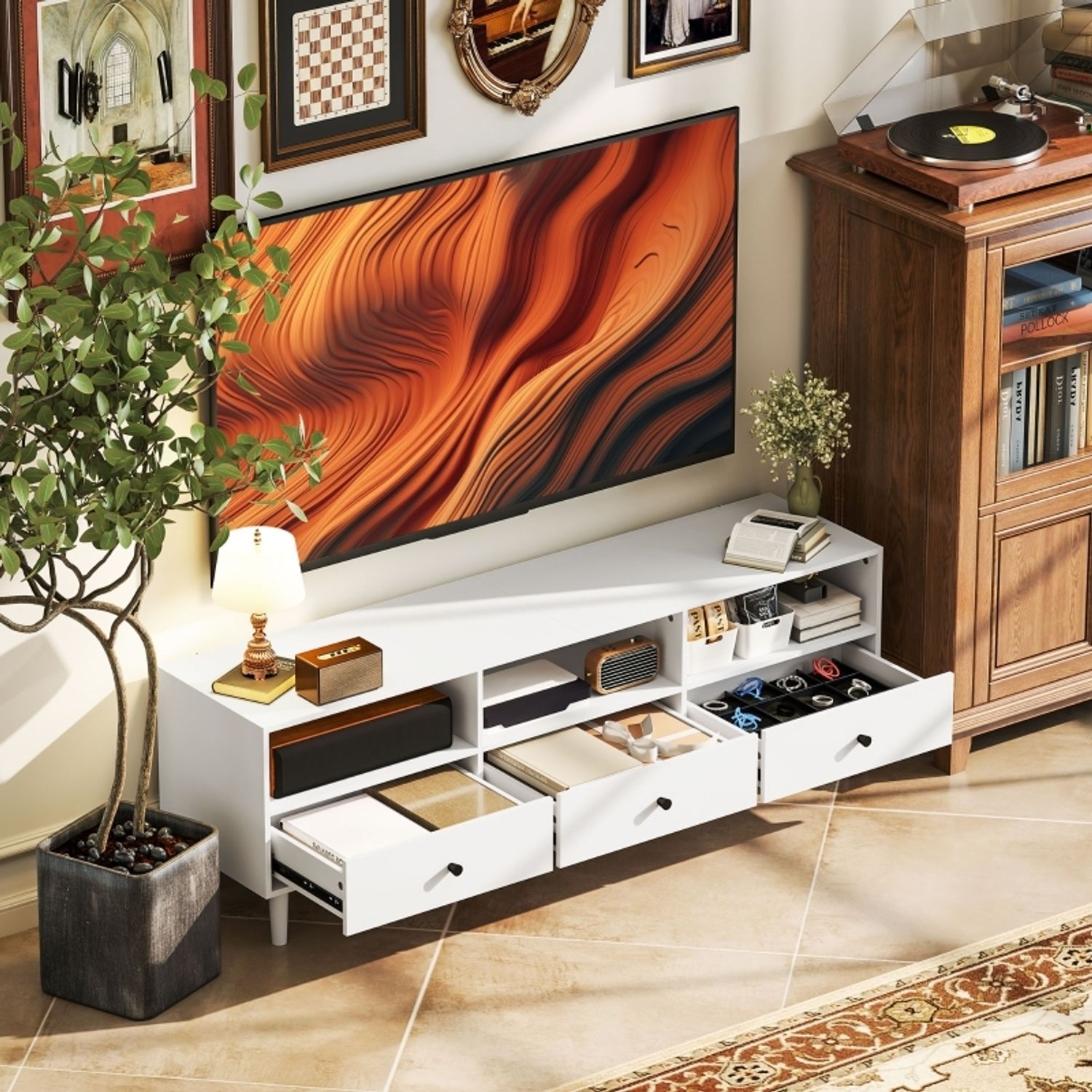 TV-Schrank 140 x 34 x 45 cm in Weiß aus Spanplatte mit 3 Schubladen und Kabeldurchführung Bild 1