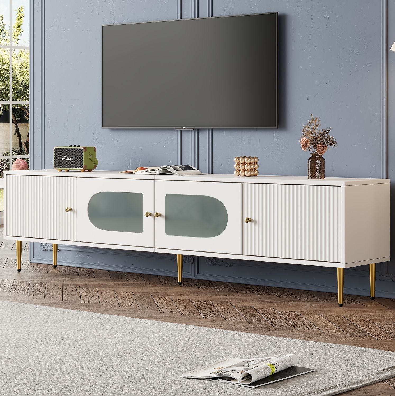 TV-Board 170 x 35 x 50 cm in Weiß mit 4 Türen, Kabelmanagement und goldfarbenen Beinen Bild 1
