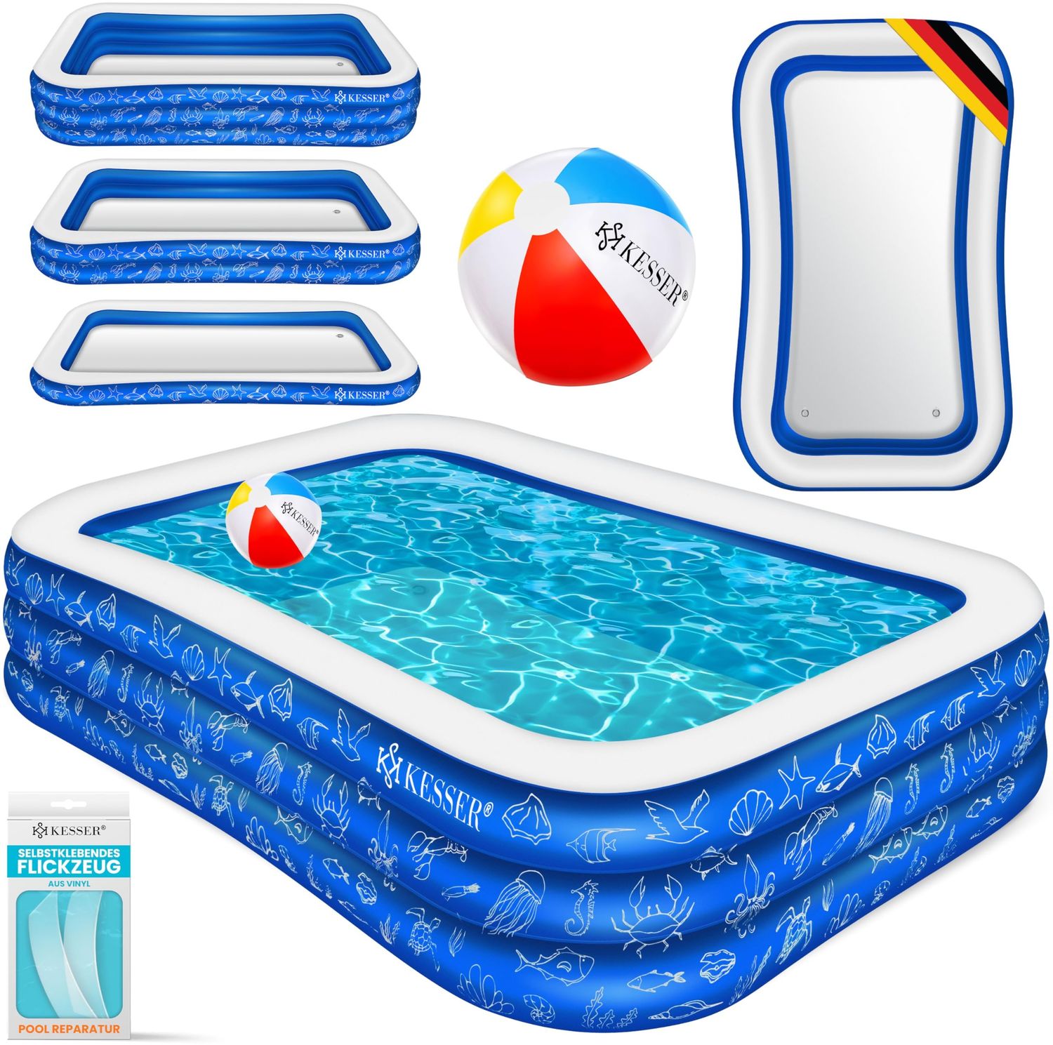 KESSER® Aufblasbarer Pool Familienpool für Kinder und Erwachsene Gartenschwimmbad Familienschwimmbad Sommer Planschbecken Füllmenge Kinderfreundlich Entwässerungslöcher Blau, 3 Meter Bild 1
