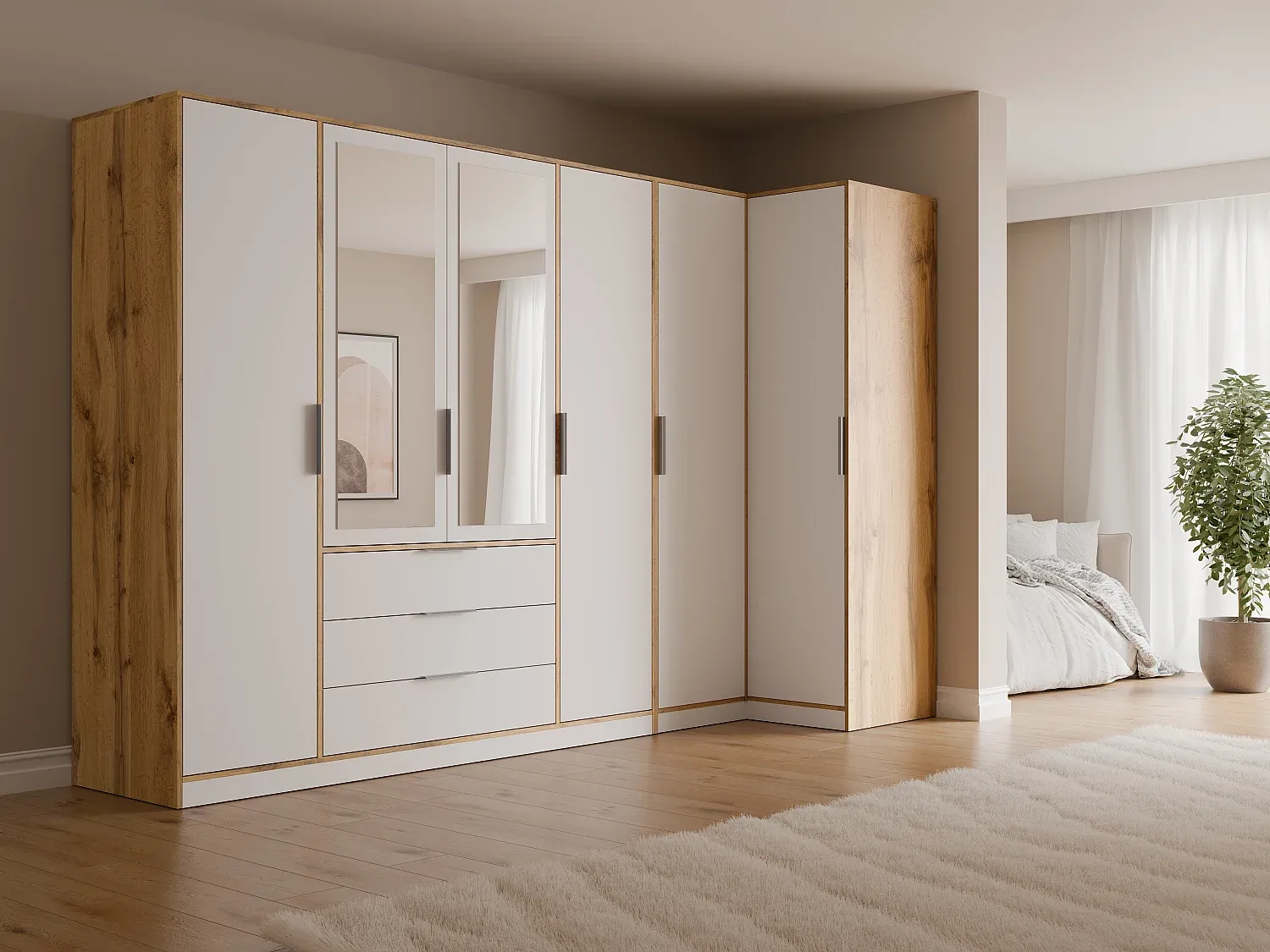 Vente-unique - LAMIKI Geschlossener und offener Kleiderschrank Holz, Platte BeigeWeiß - B 106,5 cm x H 200 cm x L 302 cm311 cm Bild 1