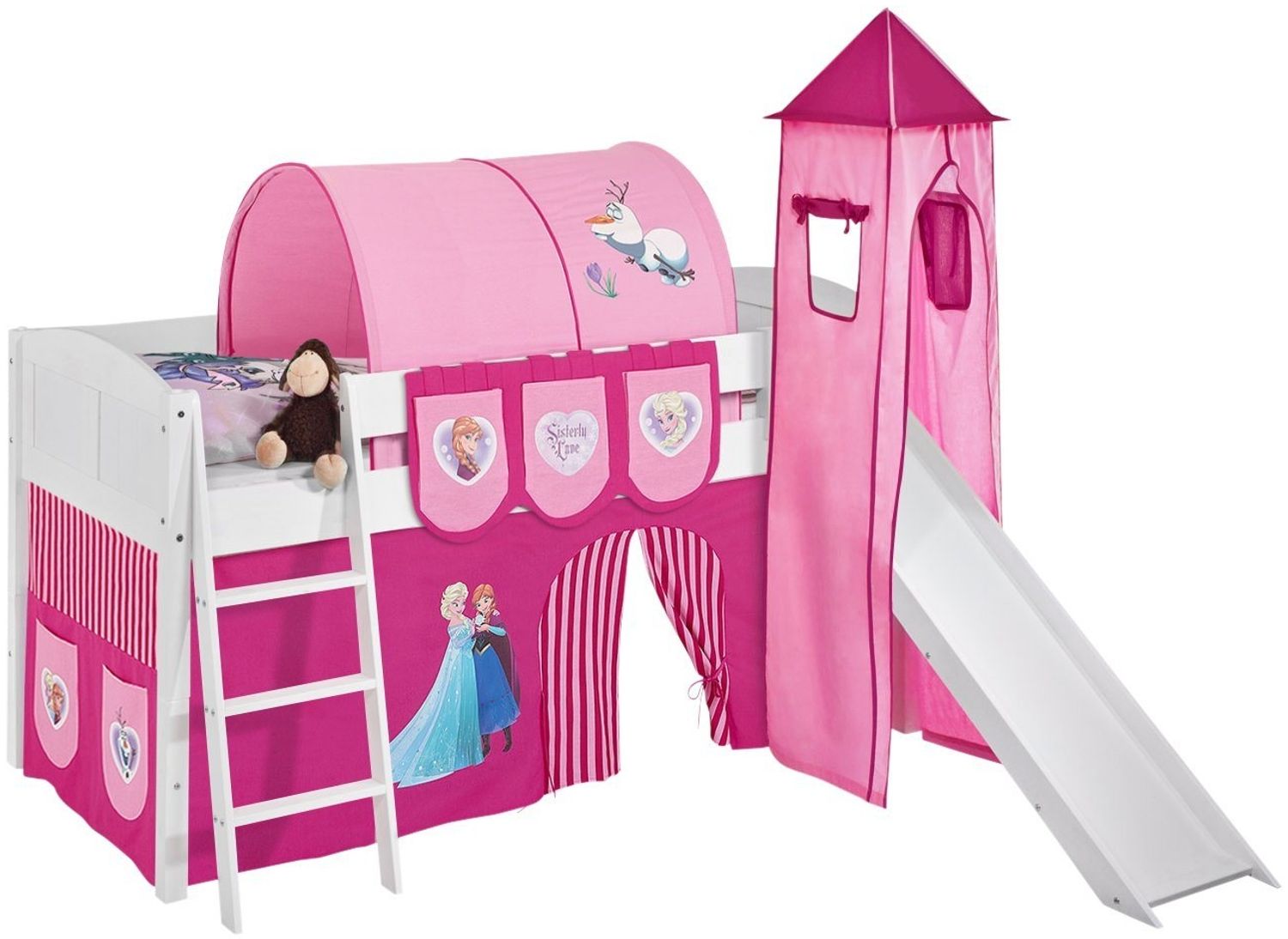 Lilokids 'Ida 4106' Spielbett 90x200 cm, Eiskönigin Rosa, Kiefer massiv, mit Turm, Rutsche und Vorhang Bild 1