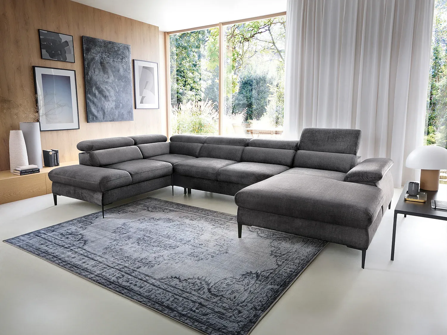 Vente-unique - SEPINA Sofa SamtStoff Grau - B 214 cm x H 75 cm x L 353 cm Bild 1