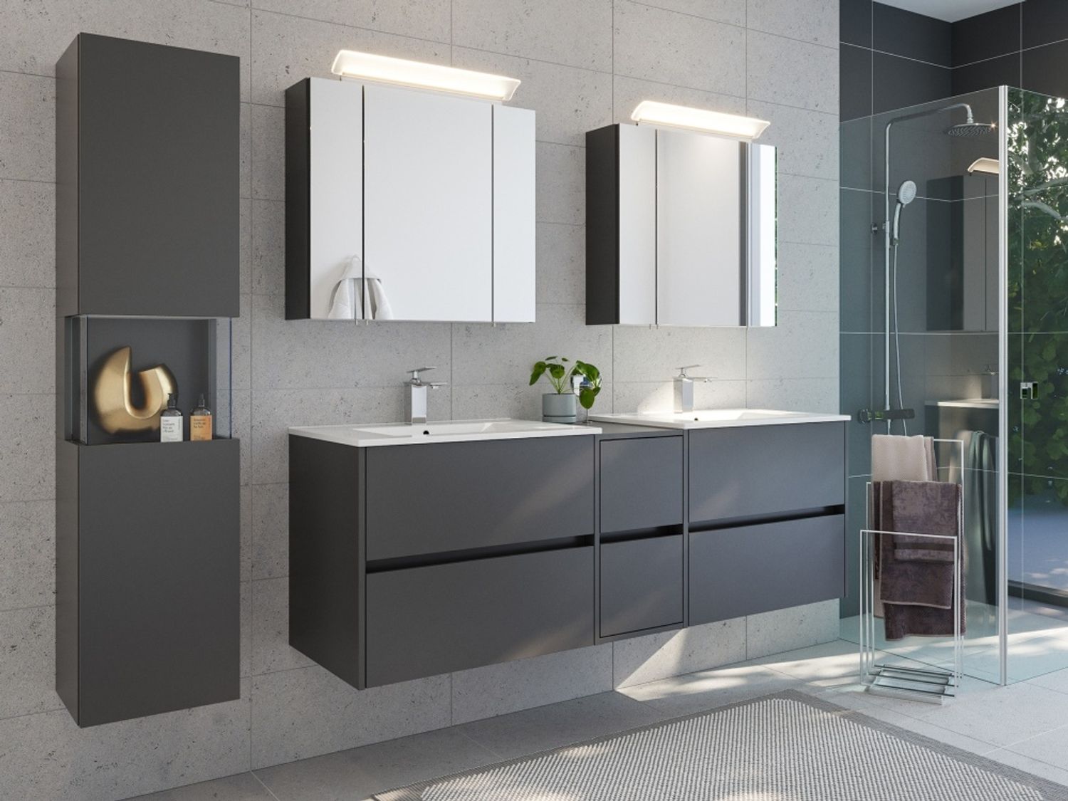 Badmöbelset Taifun 170cm 4tlg mit 2x Spiegelschrank & Seitenschrank grafit : Grafit Bild 1