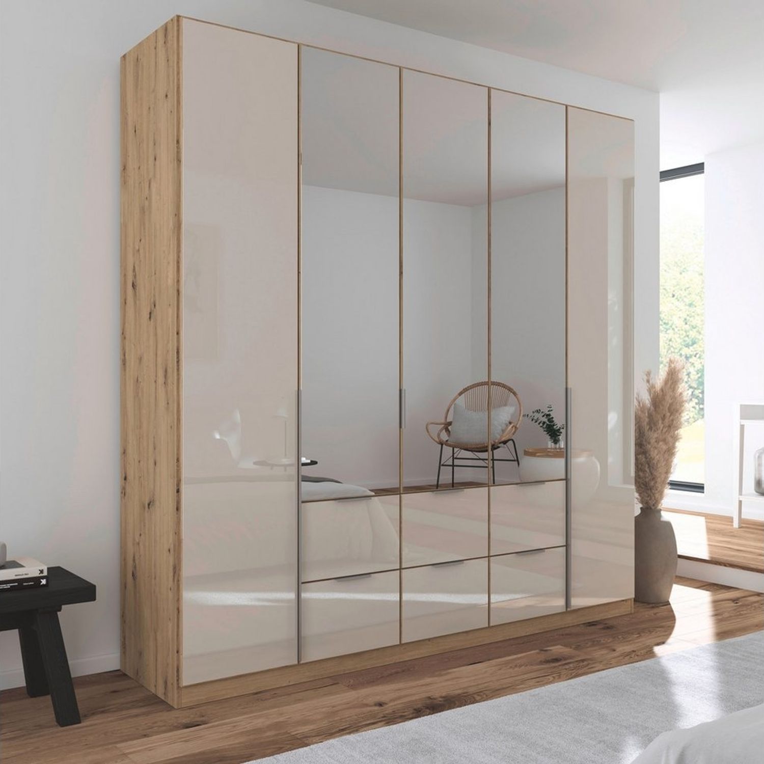 OTTO home Drehtürenschrank Kleiderschrank Kleiderschränke Schrank Garderobe AGORDO mit Glasfront (in zwei Griff-Farben, Breiten 91-360 cm) mit Außenschubkästen, in 7 Breiten und 2 Höhen MADE IN GERMANY Bild 1