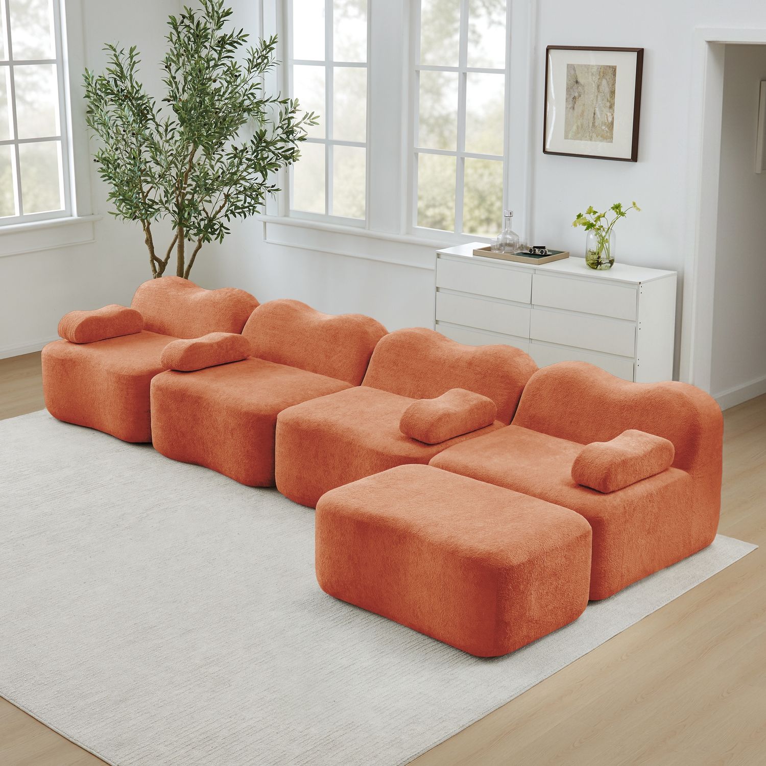4-Sitzer Sofa 384x167x70 cm aus Samtstoff rahmenlos modular mit Ottomane, orange Bild 1