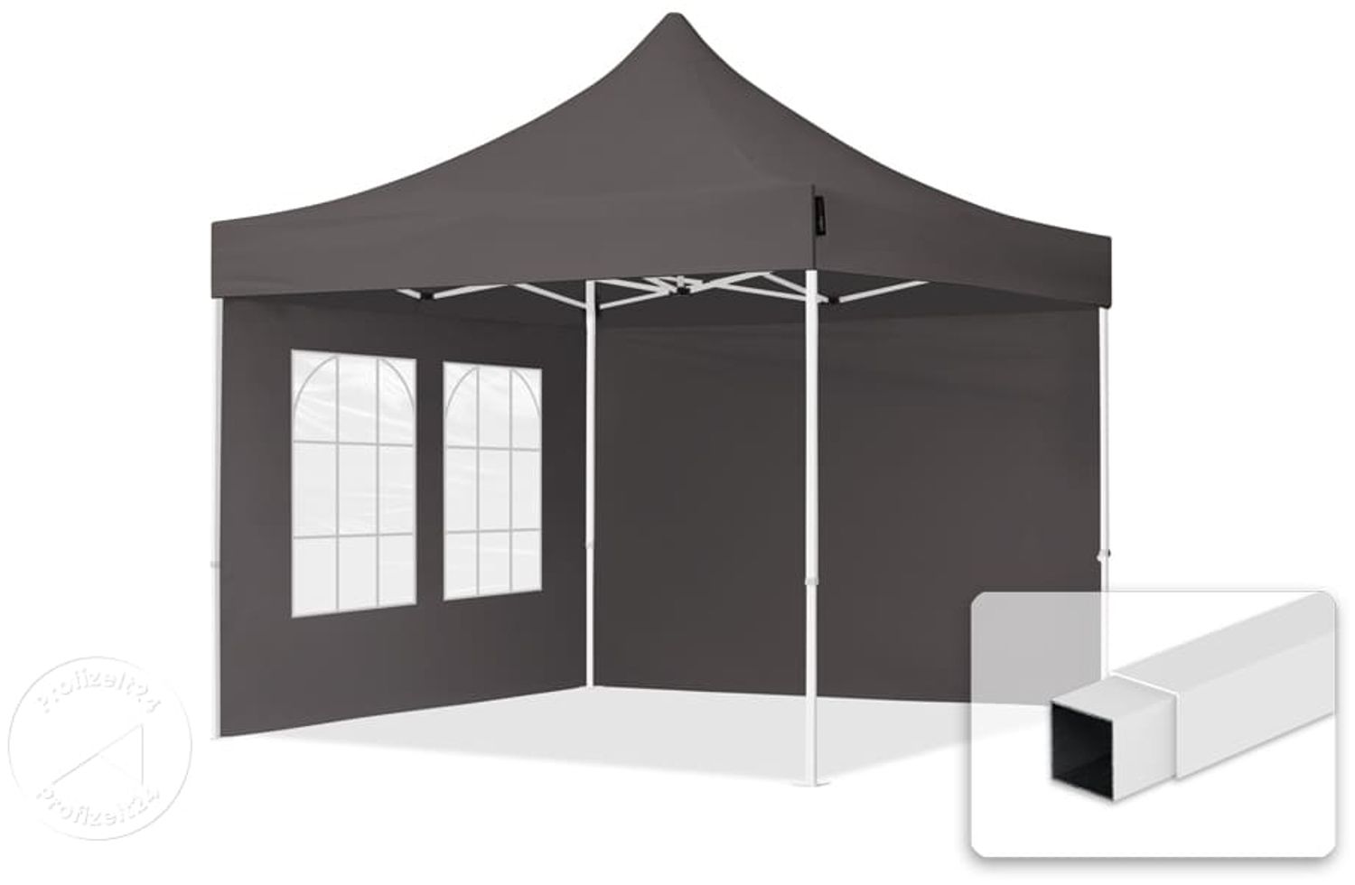 3x3 m Faltpavillon, ECONOMY Stahl 30mm, Seitenteile mit Sprossenfenstern, dunkelgrau Bild 1