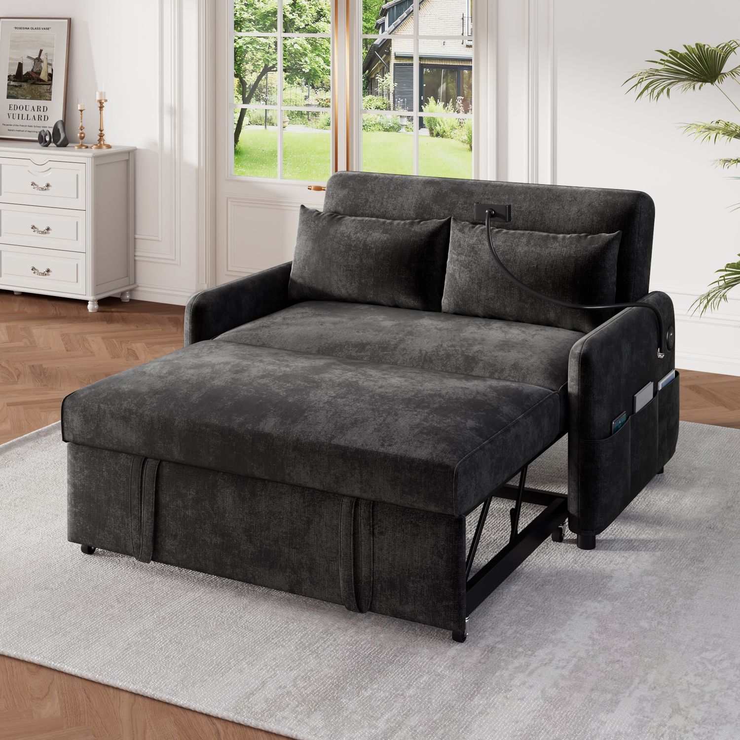 Ausziehbares Schlafsofa 2-Sitzer mit USB-Anschluss & verstellbarer Rückenlehne mit Kissen und Stauraumtaschen,multifunktionales,Grau Bild 1
