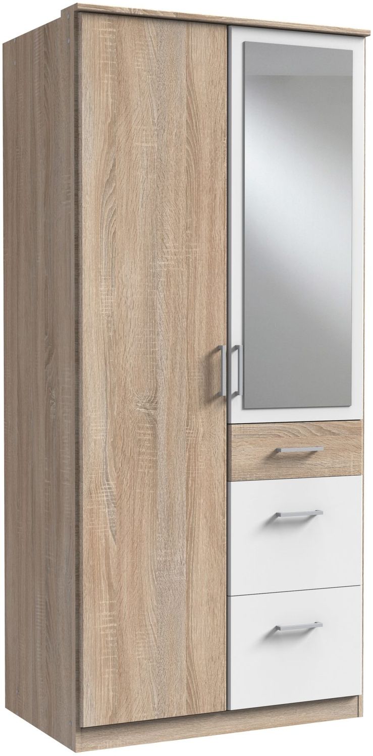 Kleiderschrank Click in Eiche Sägerau mit Weiß - Drehtürenschrank in verschiedenen Varianten wählbar - Kleiderschrank 91 cm Breite mit Spiegel Bild 1