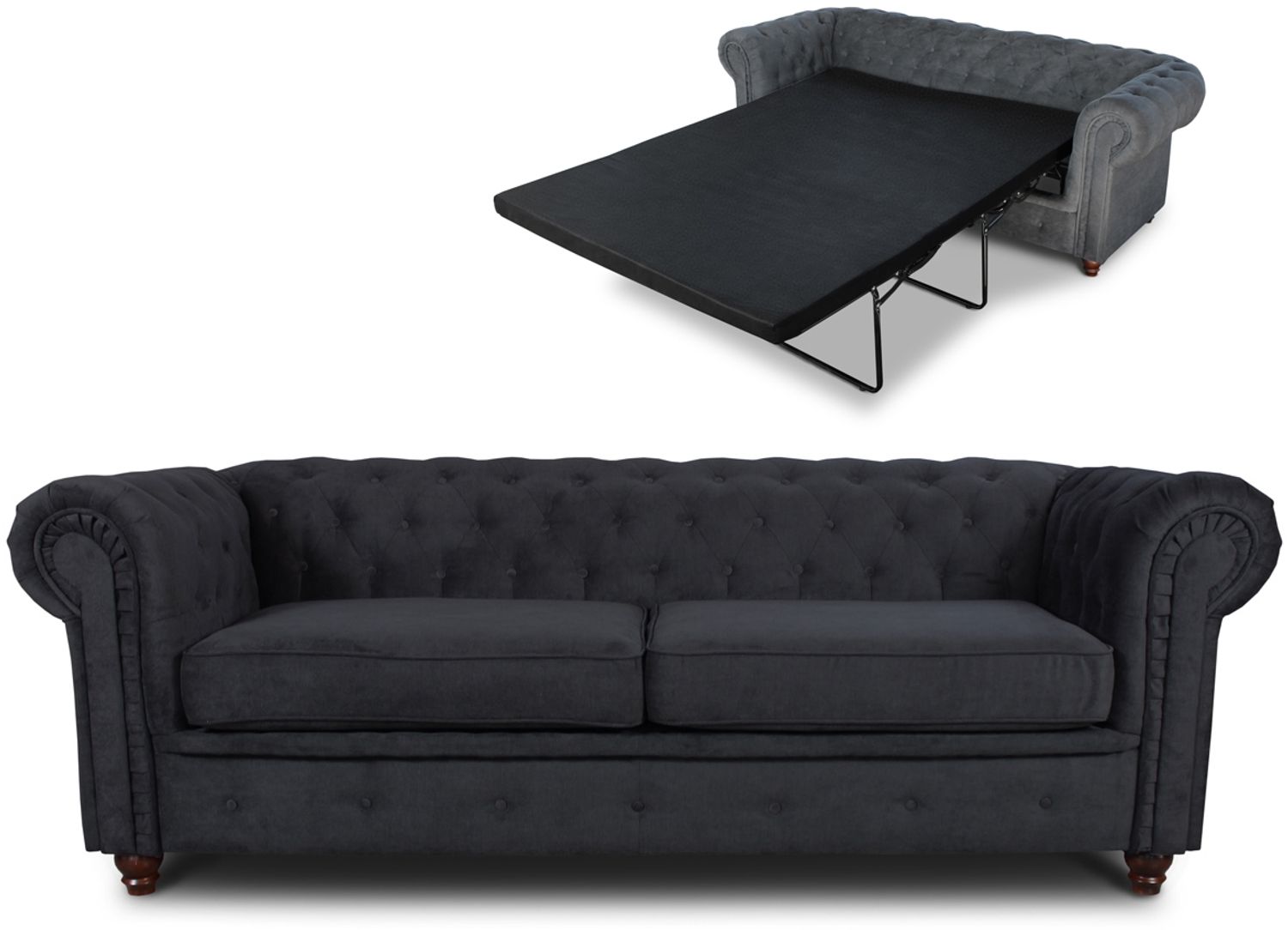 Schlafsofa Chesterfield Asti Bis 3-Sitzer, Sofa mit Schlaffunktion, Couch 3-er, Couchgarnitur, Sofagarnitur, Holzfüße - Glamour Design (Schwarz (Capri 19)) Bild 1