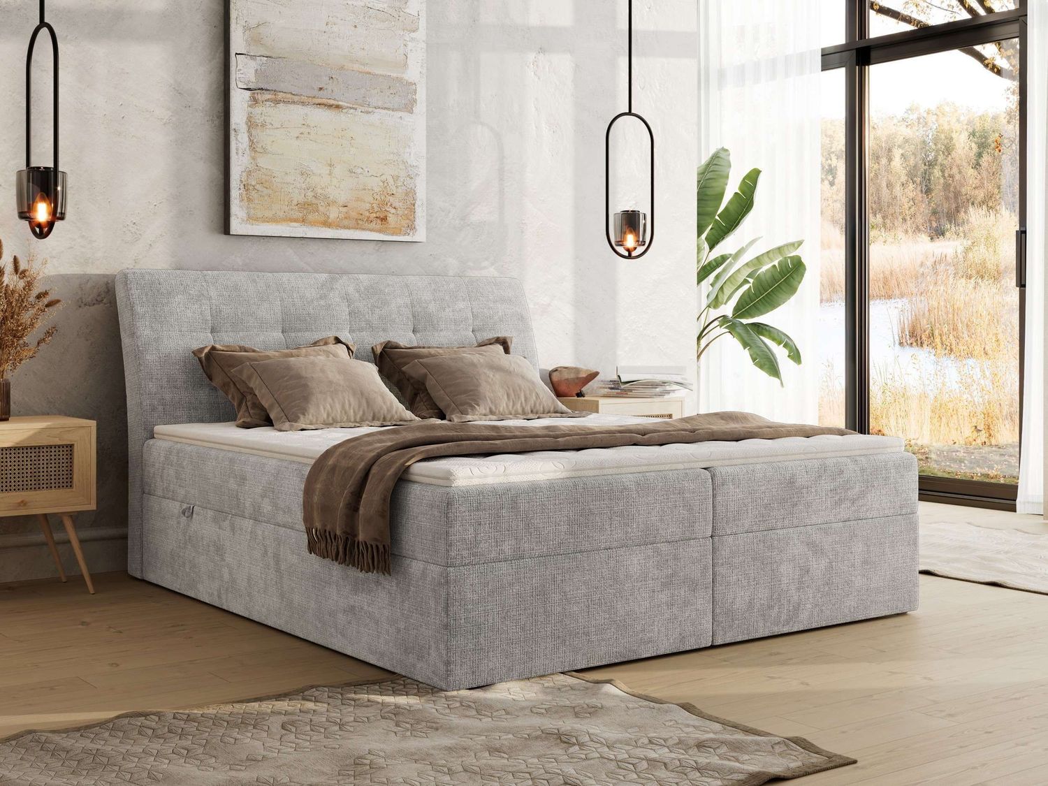 Boxspringbett DAGOS 140 x 200 cm mit Kopfteil, Lattenrost und Stauraum – Doppelbett mit Matratze & Topper T25 , stabile Konstruktion, Bettkasten, modernes Design - Hellgrau Schenille grob gewebt - H4 Bild 1
