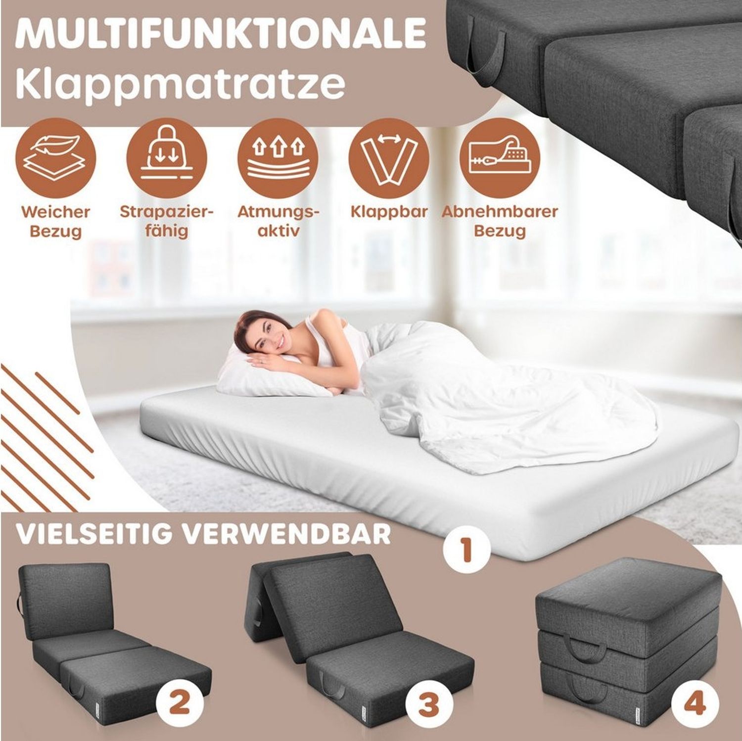 KESSER® Klappmatratze Gästematratze 3-fach Faltmatratze faltbar zum Sitzhocker | Schaumstoff 25kg/m³ extra dick 15cm atmungsaktiv waschbar abnehmbarer Bezug | Matratze inkl. Camping Tragetasche Anthrazit, 75 x 195 x 15 cm Bild 1
