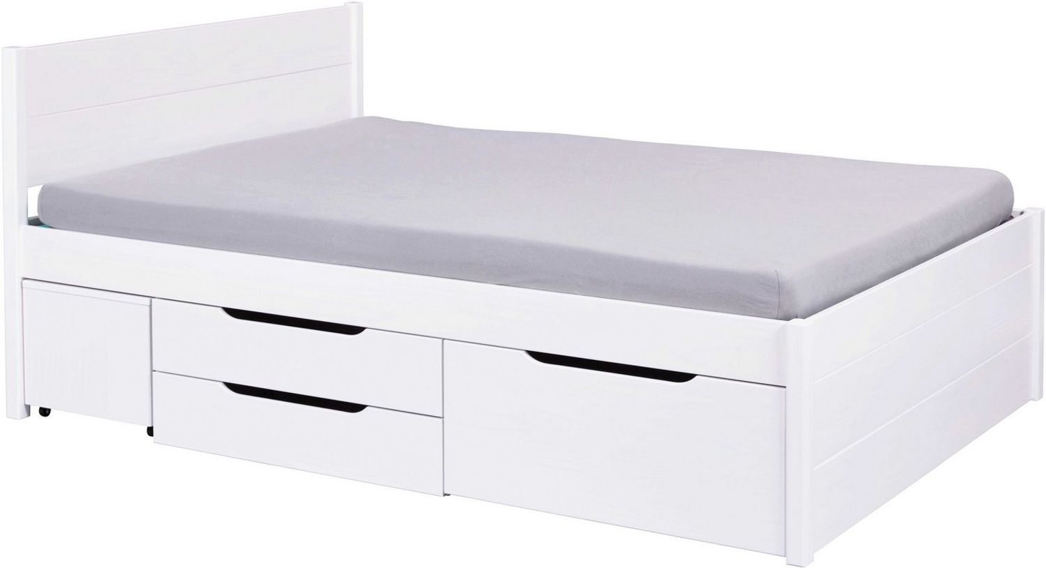 Inter Link - Bett mit Schubladen - Doppelbett 160x200 cm – Kojenbett mit Stauraum – Kiefer massivholz – 4 Schubladen und 2 Schubkasten – Inkl Lattenrost – Weiß lackiert – Efetivo 160x200 cm Bild 1