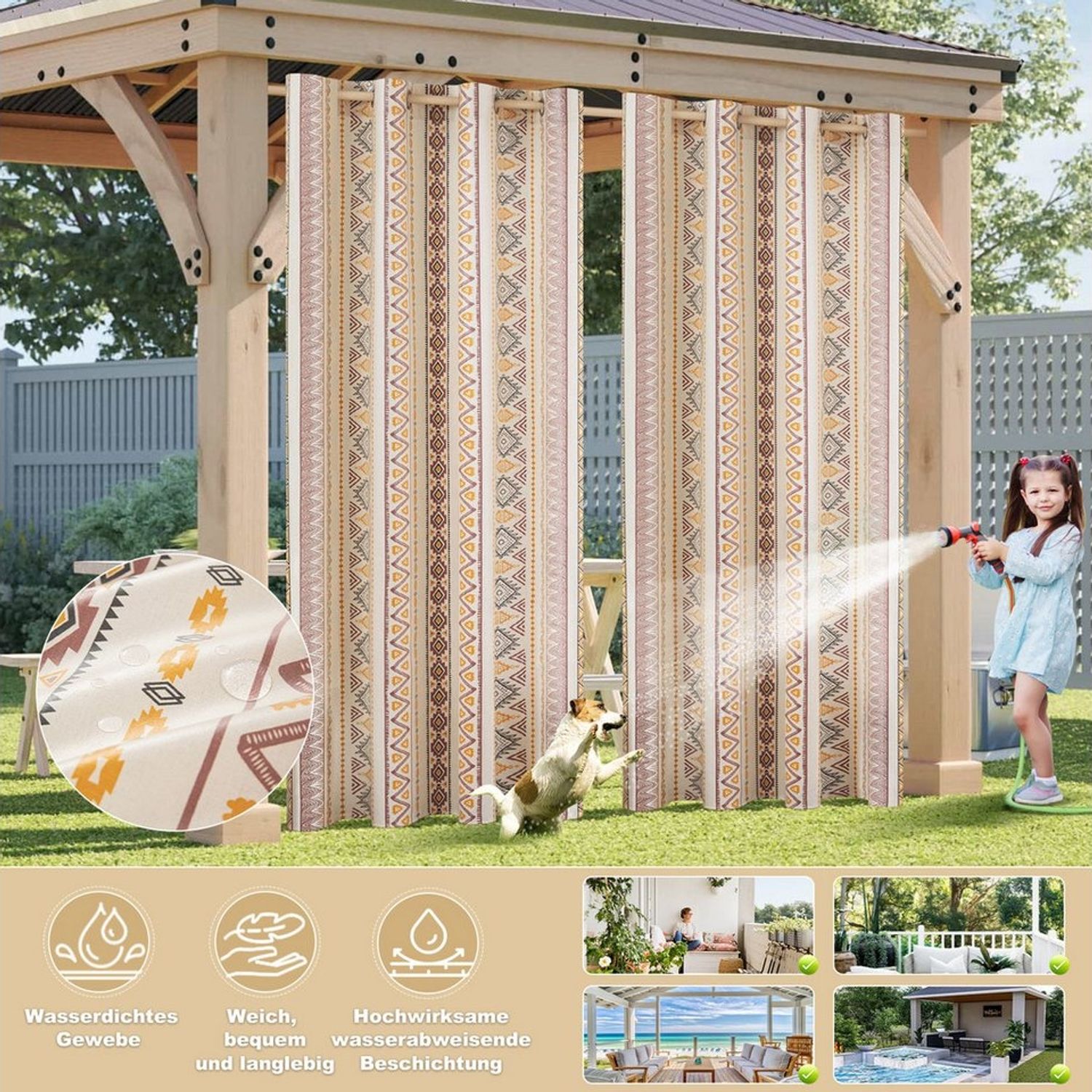 Jibenhome Outdoorgardine Outdoor Vorhang Wetterfest mit Ösen,GardinenBoho Style, (2 St), Winddicht Bild 1