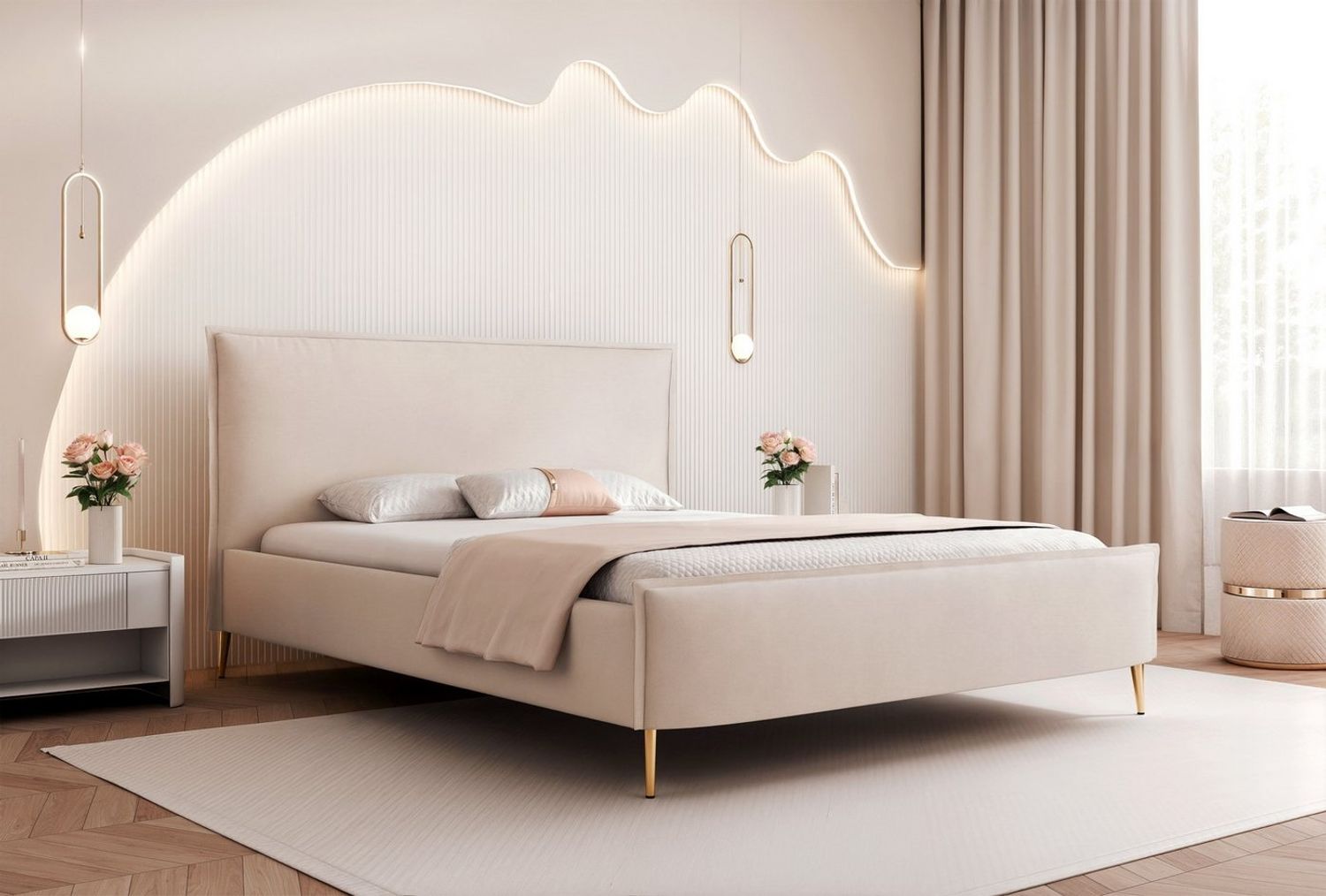 Goldstoff Polsterbett Modernes Bett "ETERNIA" mit hohen Beinen & praktischem Stauraum (Bettgestell mit Bettkasten, 120–200x200 cm, Kopfteilhöhe: 70/110 cm, Seitenhöhe: 25/40 cm), Elegantes Schlafzimmerbett mit hohem Stauraum & Design Bild 1