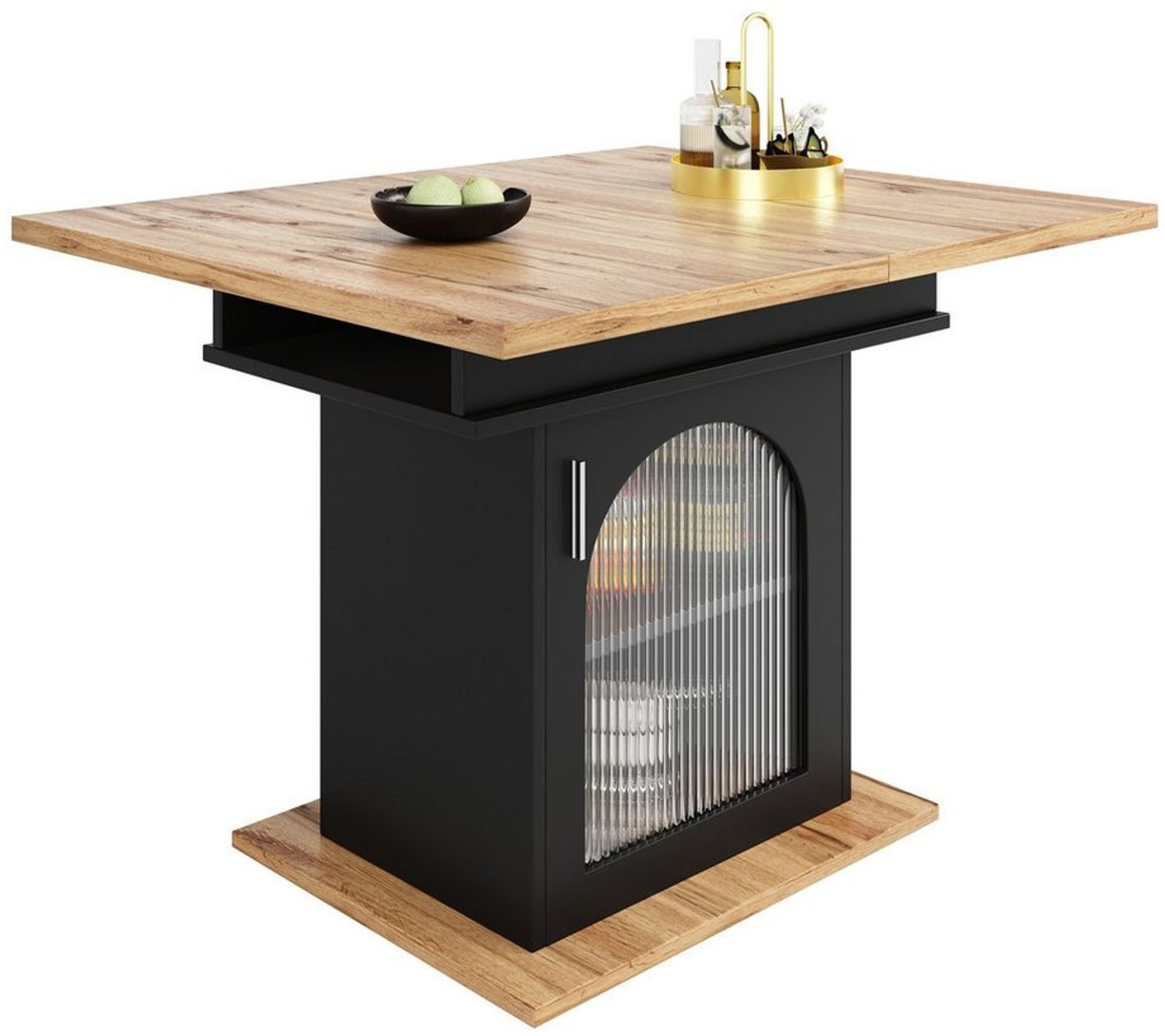 Flieks Esstisch (klappbar 110-140x80x76 cm, 1-St, mit Glastür und Metallgriff), ausziehbar Küchentisch rechteckig mit Stauraum Schreibtisch schwarz Bild 1