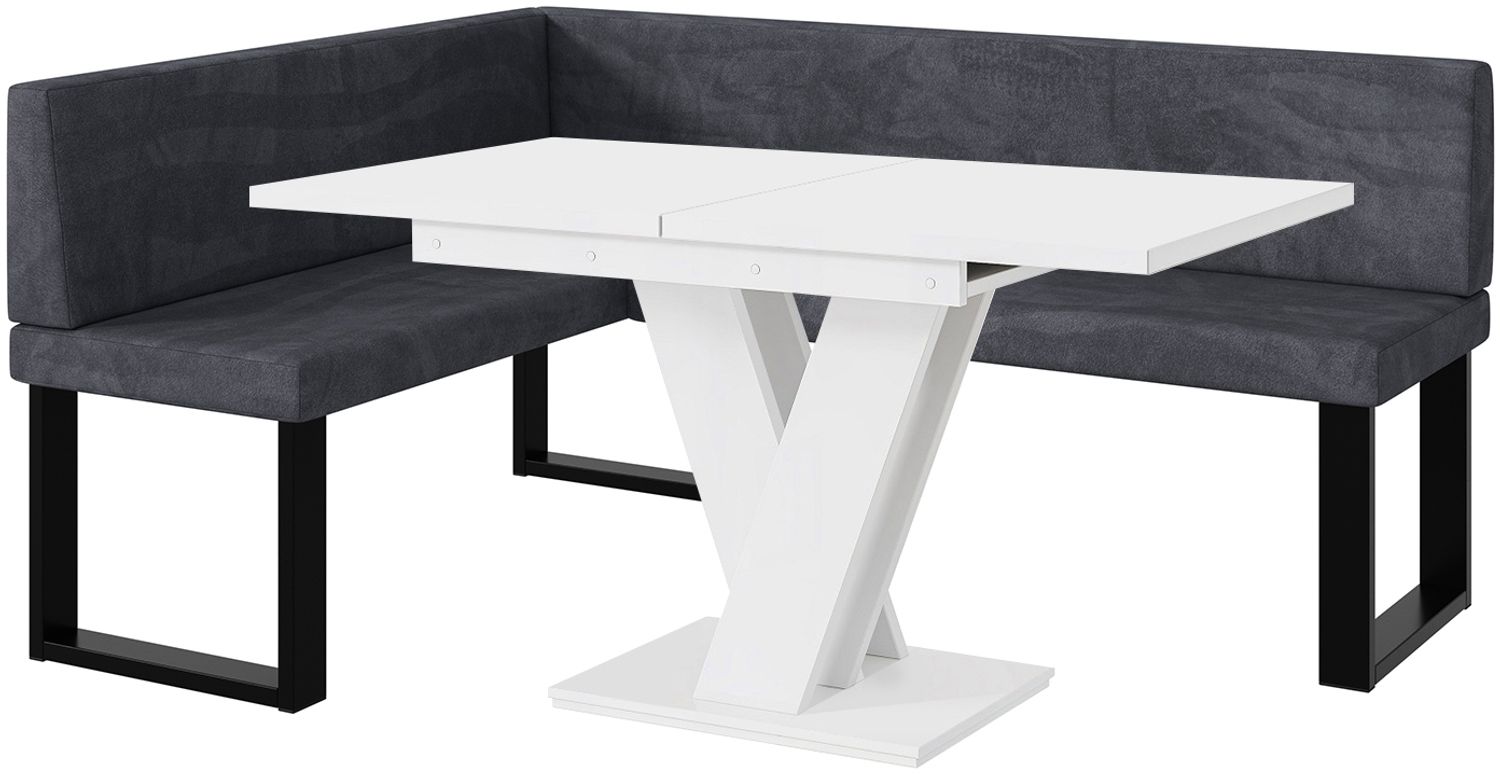 MEBLINI Eckbank für Esszimmer mit ausziehbarem Tisch - Küchenbank - Essecke - Sitzecke Küche - TONI - U-Beine 128x168x87cm Links - Dunkelgrau Samt/M Weiß Matt Bild 1