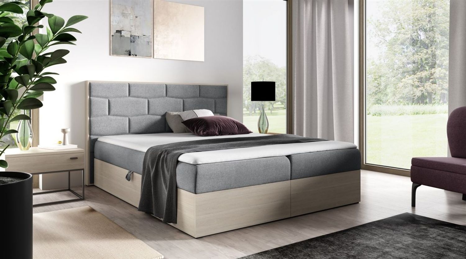 Boxspringbett Bett BEILA 180x200cm Nordic Teak Stoff Grau inkl. Bettkasten Bild 1