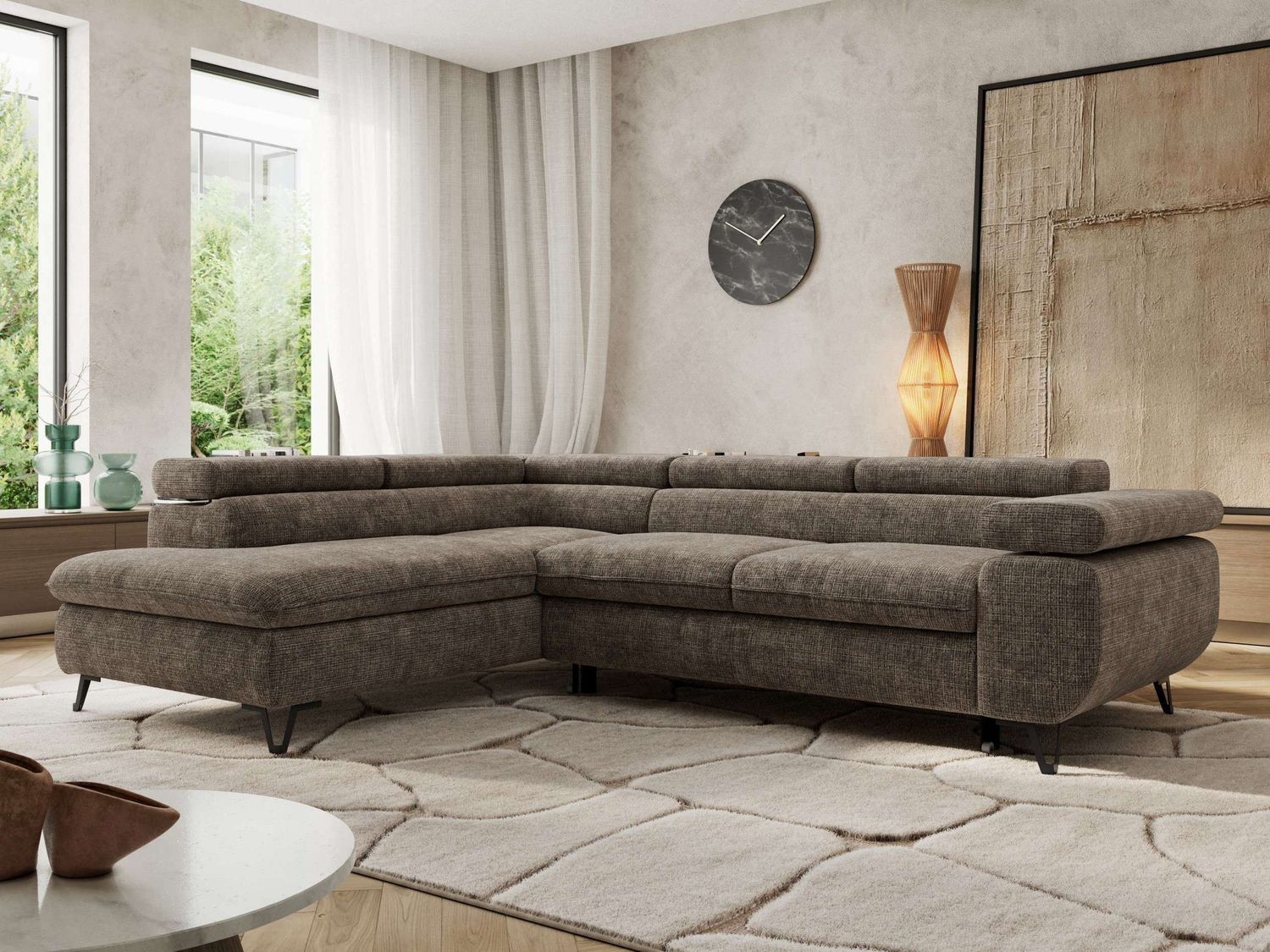 MKS Möbel 'Pablo L-Form' Ecksofa mit Schlaffunktion, verstellbare Kopfstützen, Braun, Schenille grob, Visco Topper, Links Bild 1