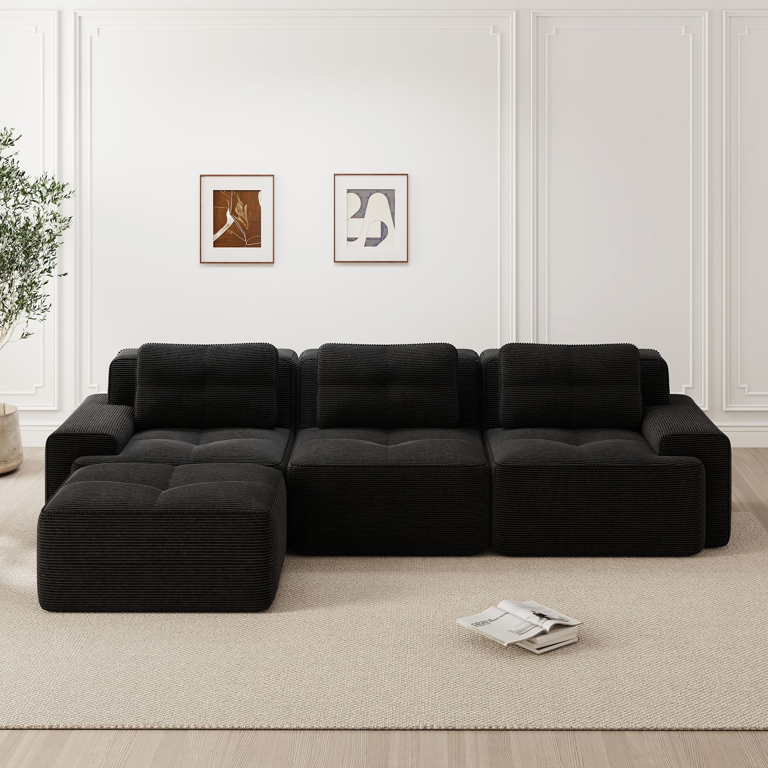 Sofa Boneless – Sitzfläche Tiefsitz 74 cm, Cordstoff Schwarz, modular & montagefrei,293*177*69 cm Bild 1