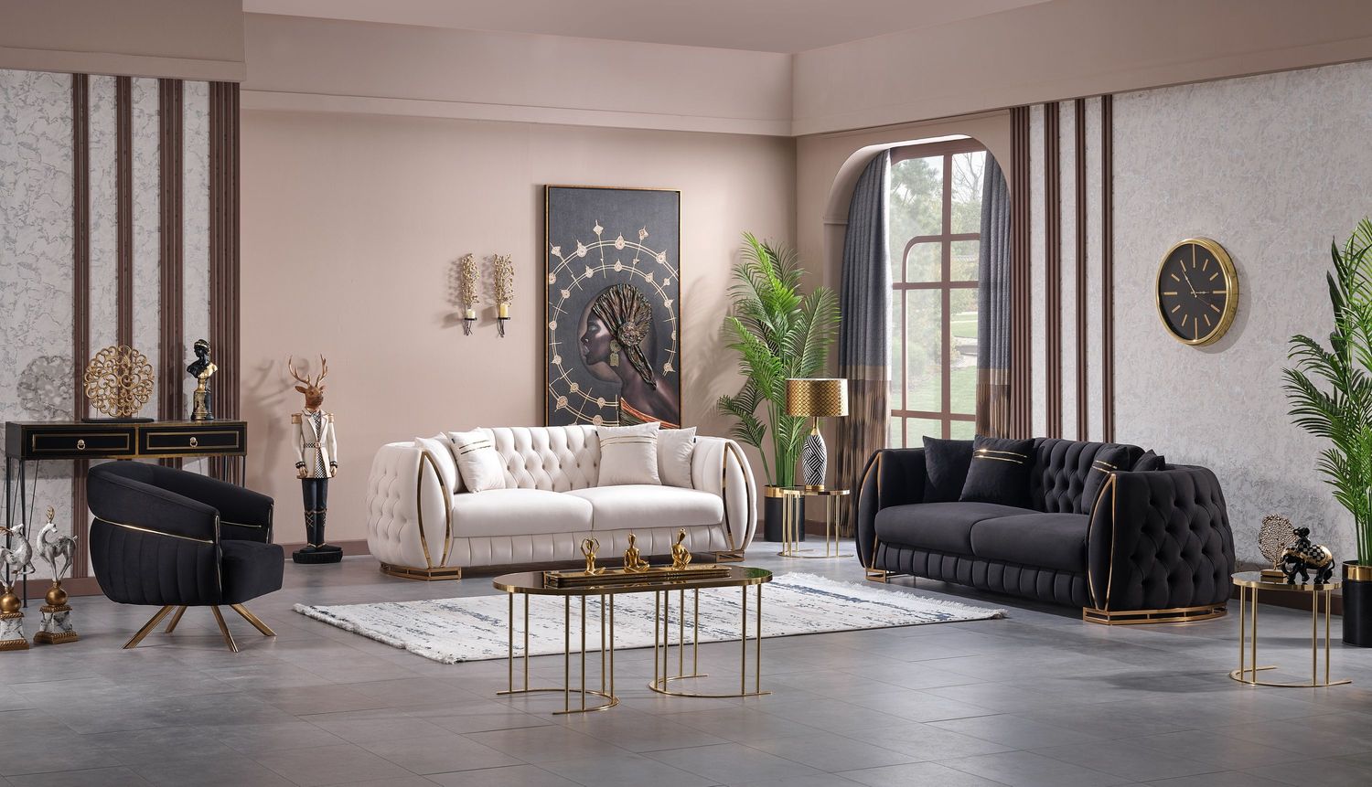 Sitzgruppe/Sofa Set - Wohnzimmergarnitur "Willa" 3+3+1-Beige/Schwarz Bild 1