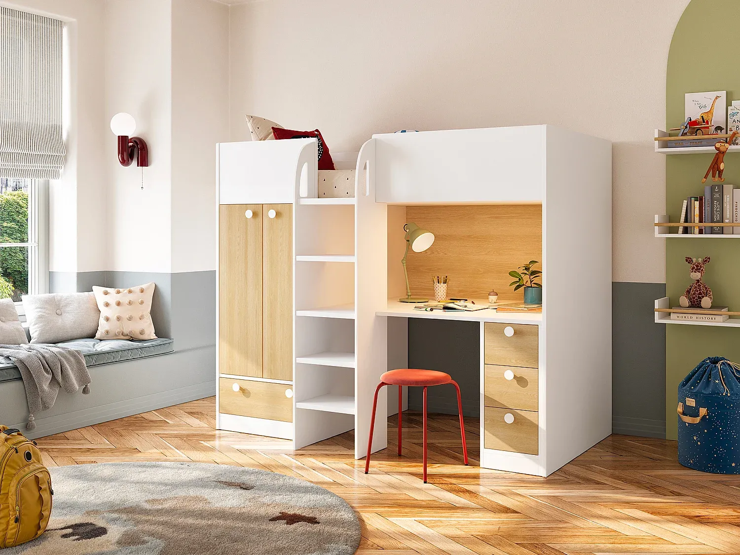 Vente-unique - CINAMO Bett Holz, Platte BeigeWeiß - B 120,8 cm x H 162,3 cm x L 196 cm Bild 1