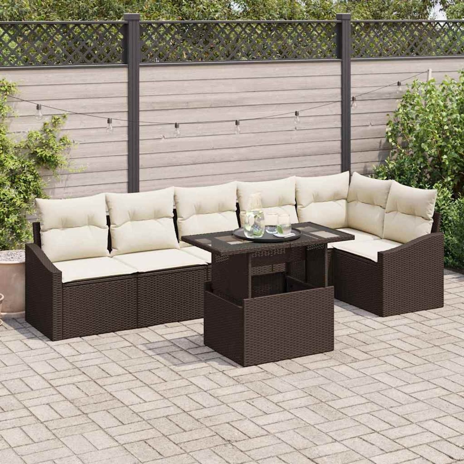 vidaXL Gartensofa-set mit Kissen 7 pcs Braun und Creme Poly-Rattan 3349014 Bild 1