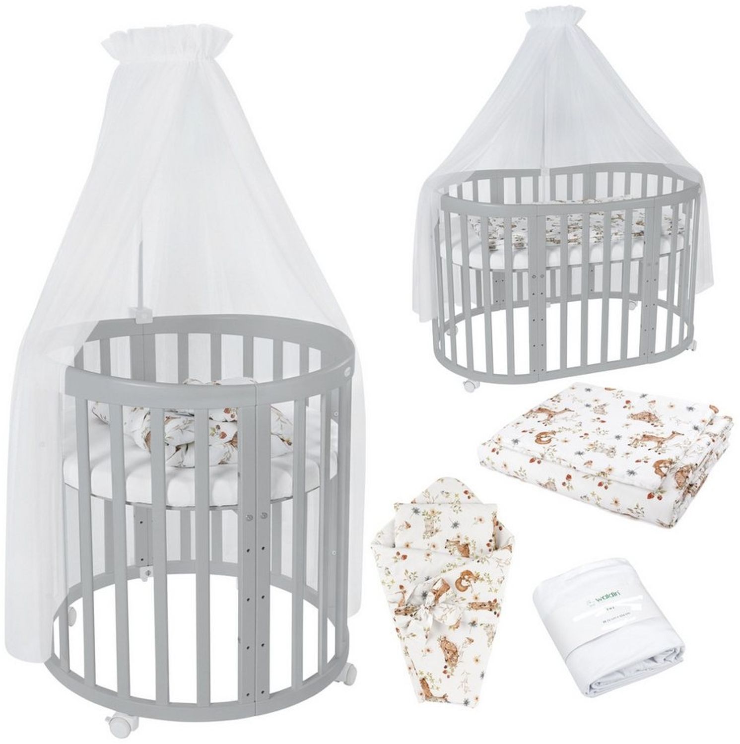 Waldin Babybett Mobiles Babybett OWAL aus Holz 7in1 mit Matratze, mitwachsend Bild 1