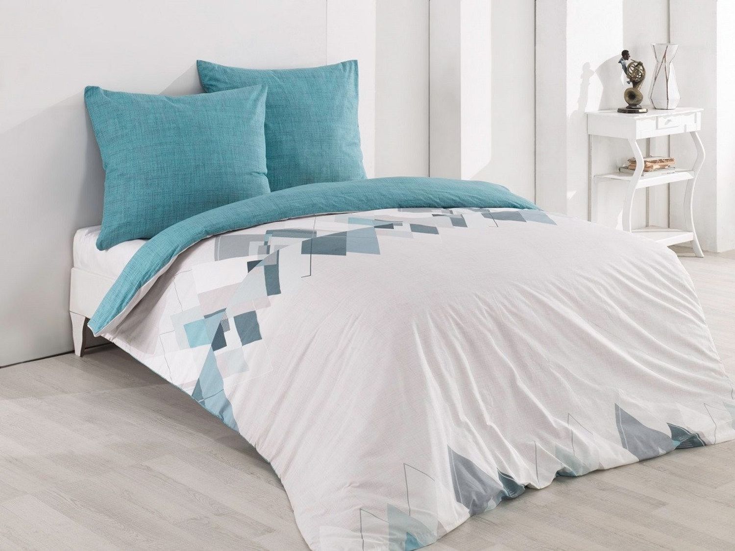 Buymax Bettwäsche Wende-Bettwäsche, Premium, Renforce: 100% Baumwolle, 2 teilig, 155x220 cm, Bettbezug-Set, mit Reißverschluss, Weiß Türkis Bild 1