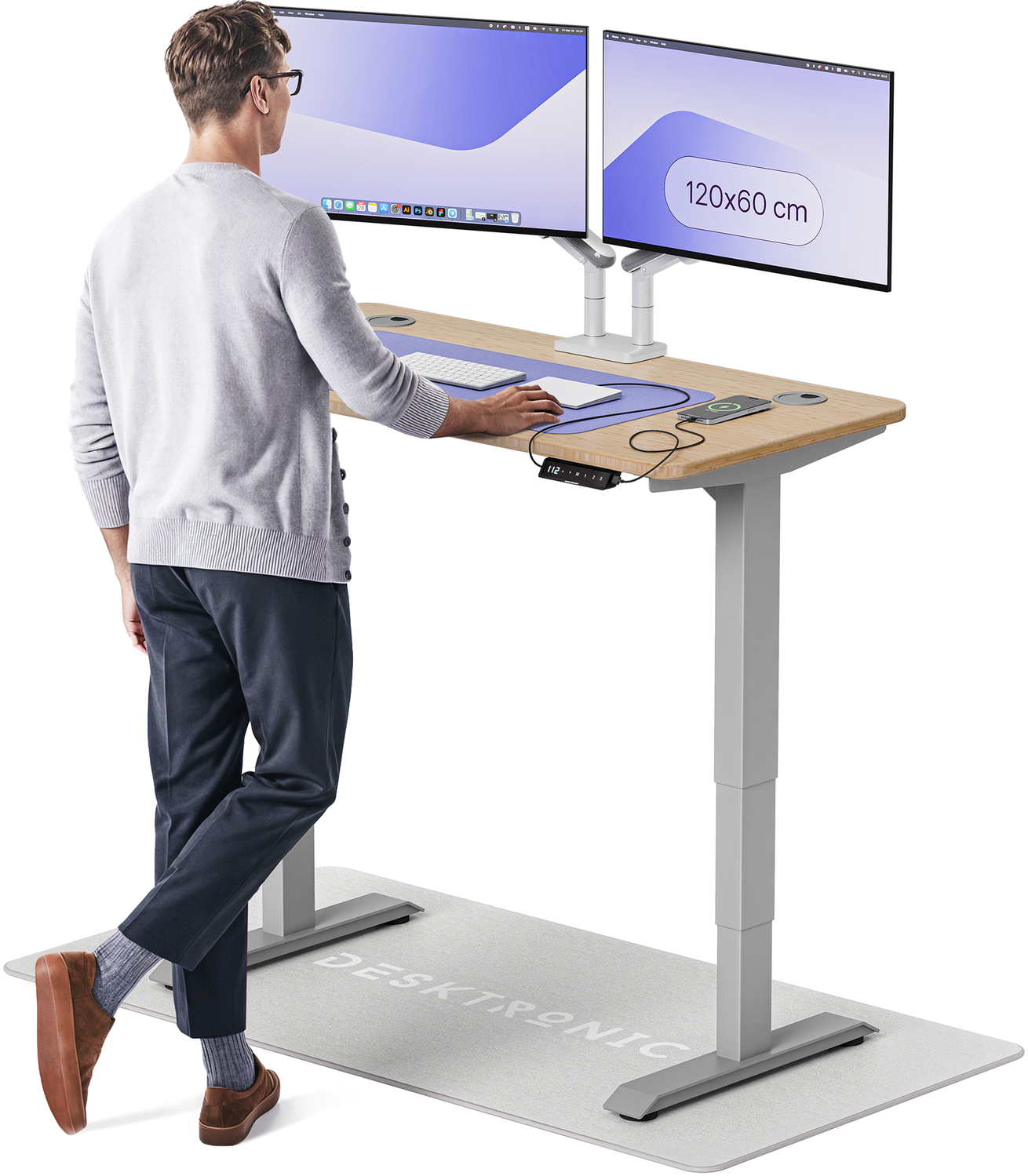 Desktronic HomePro Elektrisch höhenverstellbarer Schreibtisch 120x60cm Bambus/Grau mit Memory-Funktion, Anti-Kollisions Technologie, USB-A und USB-C-Ladeanschlüssen Bild 1
