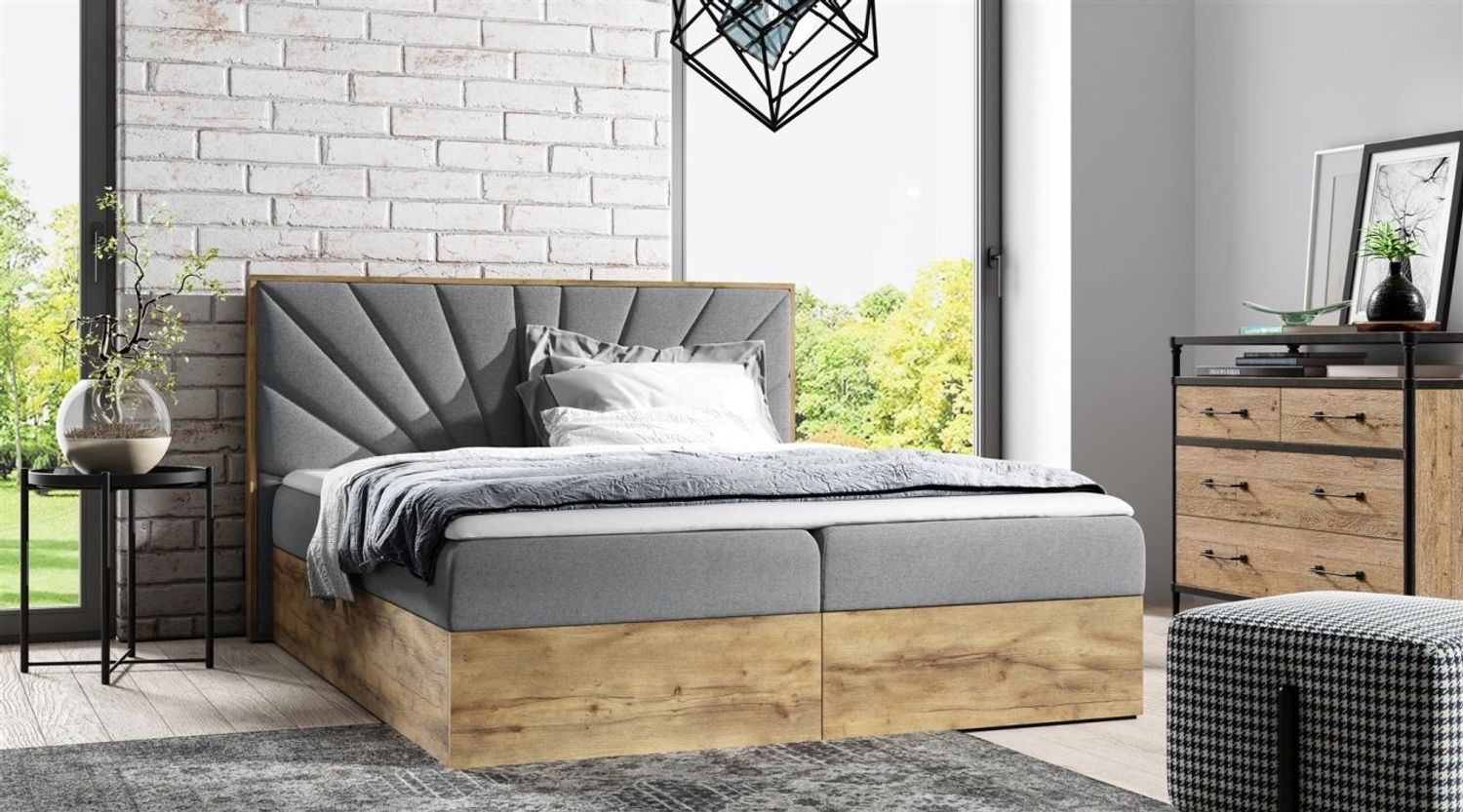 Boxspringbett Bett DAIMON 160x200 cm Lancelot Eiche Stoff Grau inkl. Bettkasten Bild 1