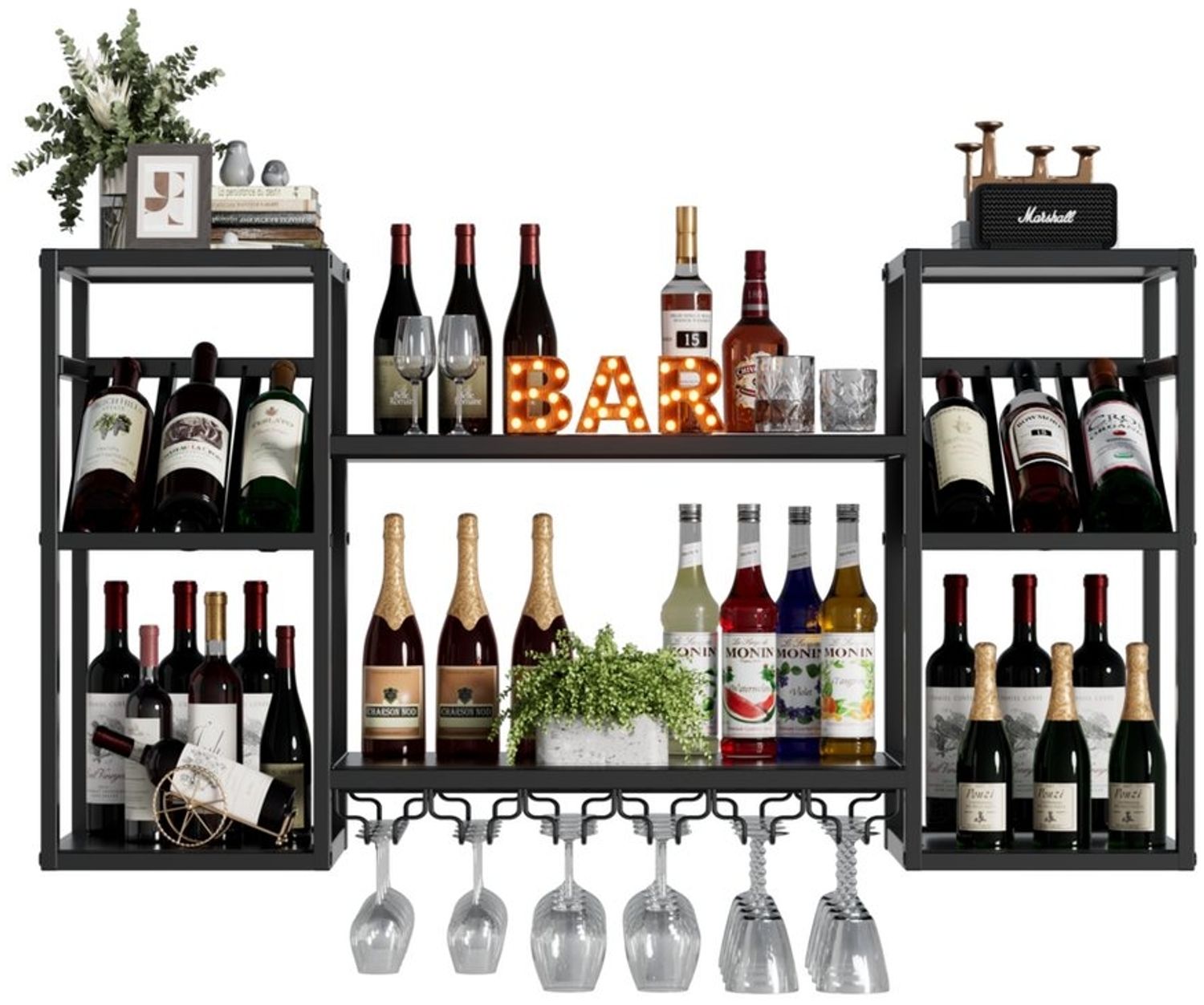 TWSOUL Weinregal Modernes Wand-Weinregal aus Metall mit 3 Ebenen und Glashalter, Modernes Weinregal für Küche, Hausbar & Esszimmer, Schwarz Bild 1