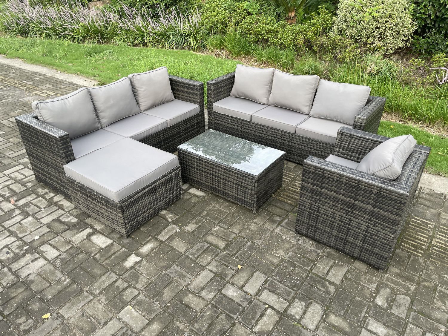 Fimous 8-Sitzer Rattan Gartenmöbel Set Indoor Outdoor Patio Sofa Set mit Länglichem Couchtisch Sessel Großer Fußhocker Dunkelgrau Gemischt Bild 1