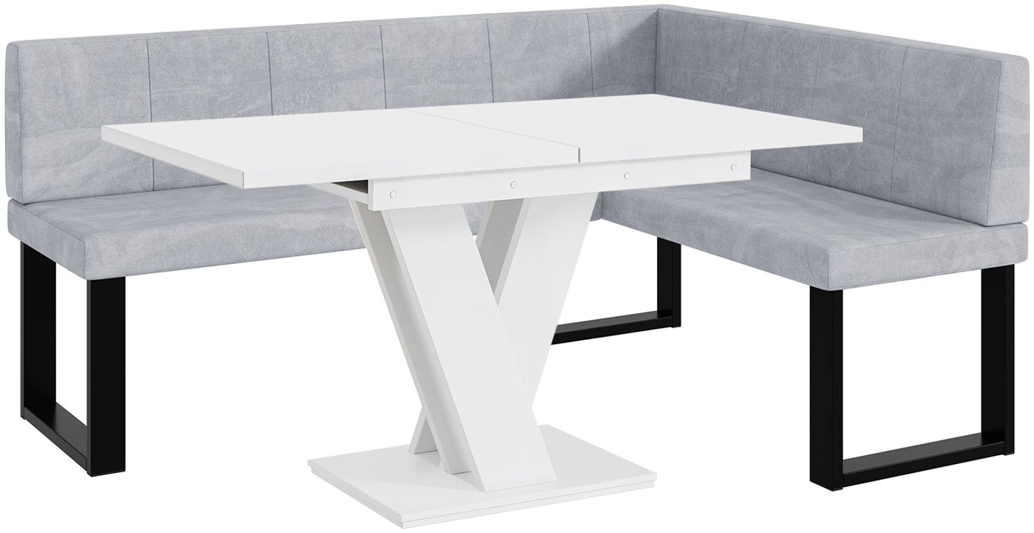 MEBLINI Eckbank für Esszimmer mit ausziehbarem Tisch - Küchenbank - Essecke - Sitzecke Küche - PETER - U-Beine 128x168x87cm Rechts - Hellgrau Samt/M Weiß Matt Bild 1