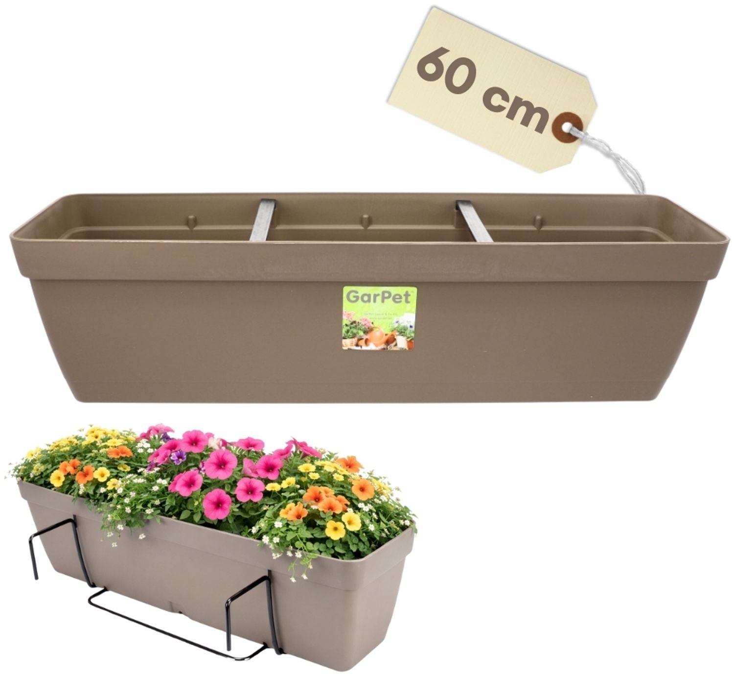 Blumenkasten Balkon Balkonkasten mit Halterung Blumenkasten mit Wasserspeicher Blumentopf Balkongeländer Blumenkastenhalterung Balkon Pflanzkasten Taupe 60 cm Bild 1