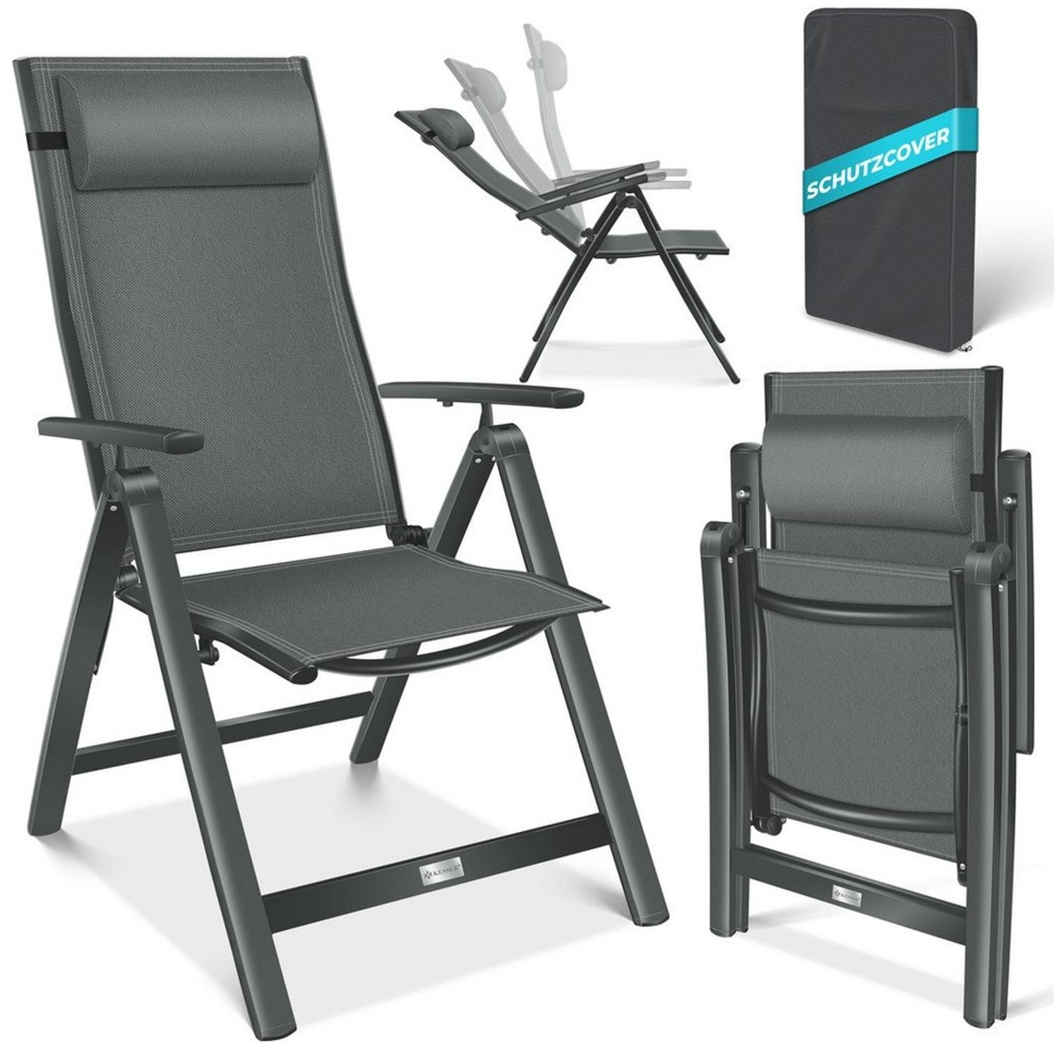 KESSER® Gartenstuhl Hochlehner mit Armlehnen | Aluminium Klappstuhl inkl. Kopfkissen Campingstuhl 7-Fach Verstellbar Rückenlehne | Atmungsaktiv & Wetterfest | Klappbar & Anti-Rutsch Anthrazit, 1 Stück Bild 1