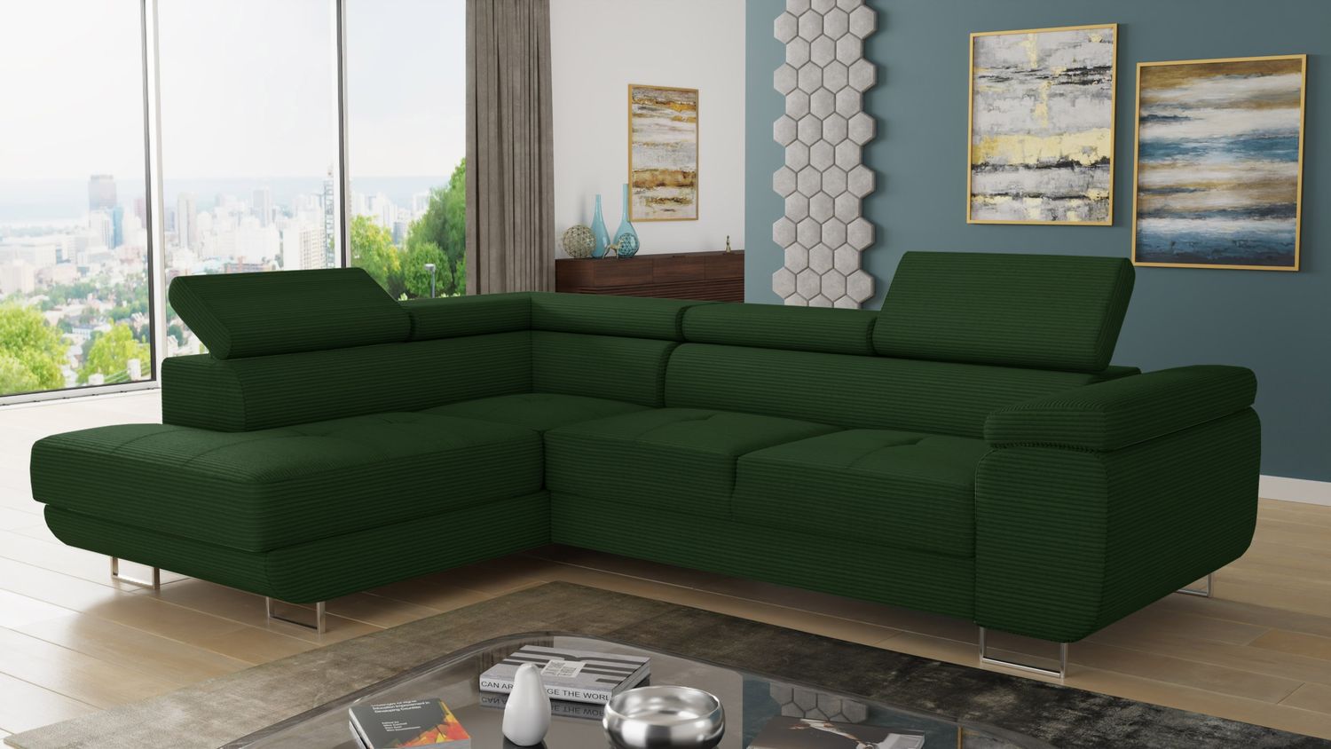 Ecksofa Caris mit Schlaffunktion und einstellbare Kopfstützen, Cord Stoff, Wohnlandschaft mit Bettkasten, Couch, Sofa, Bettsofa (Grün (Poso 014), Ecksofa Links) Bild 1
