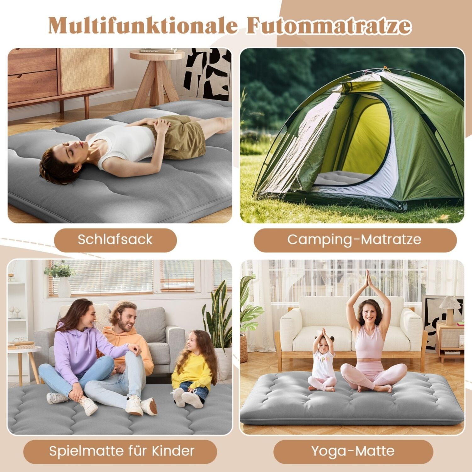 Japanische Futon Matratze mit Waschbarem Bezug &Tragetasche Tatami-Matte Grau 140 x 200 cm Bild 1