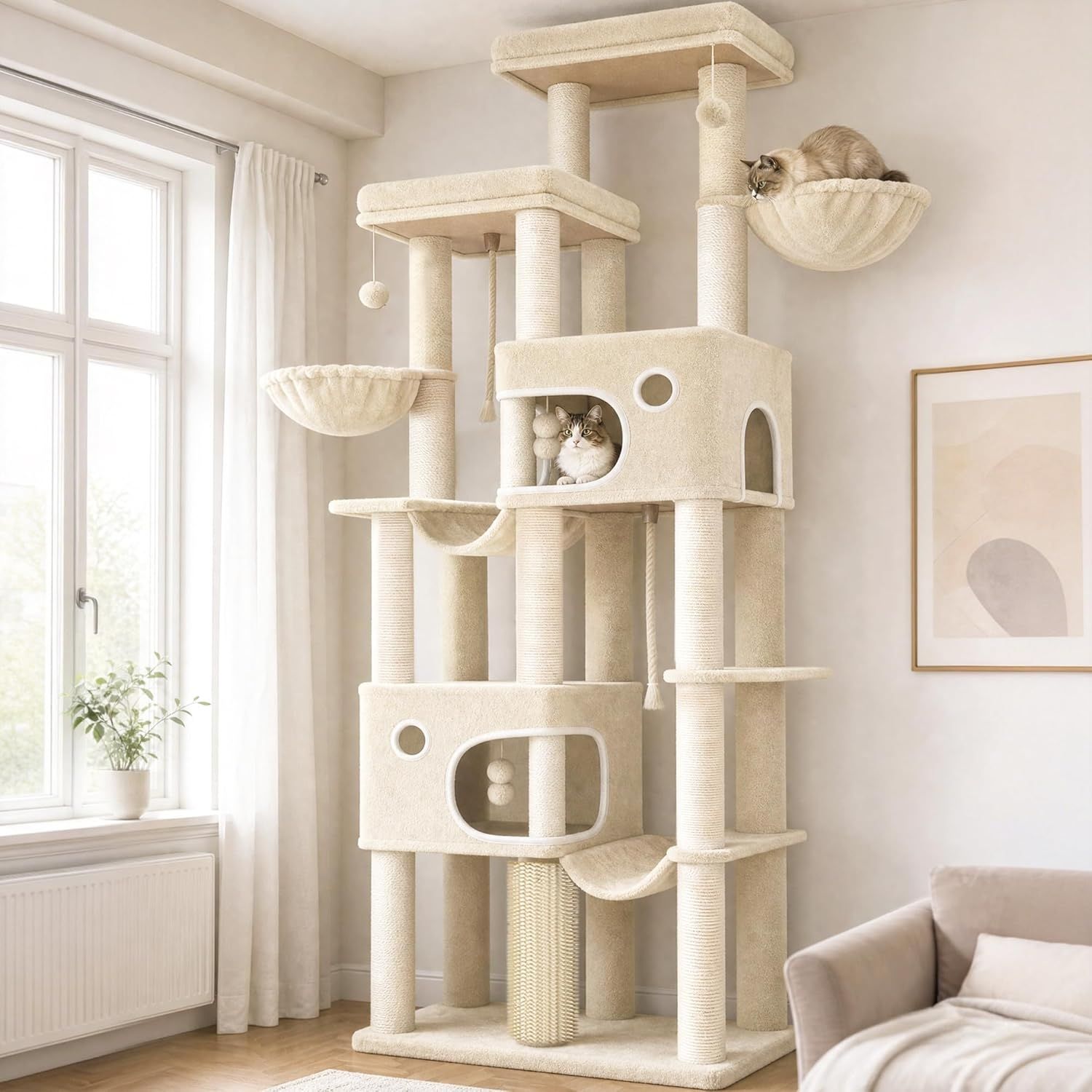 Kratzbaum, 213 cm XXL Katzenbaum, 2 Extra Große Plattformen, 2 Große Höhlen, 10 Kratzstämme, 2 Hängematten, Korb, Katzenbürsten, Pompons, Geeignet für Maine Coon Katzen, Beige Bild 1