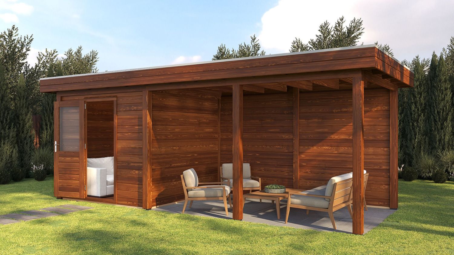 Lugarde Select Modern Gartenhaus mit Vordach Köln 250x250cm + 400cm - Braunes Öl Bild 1