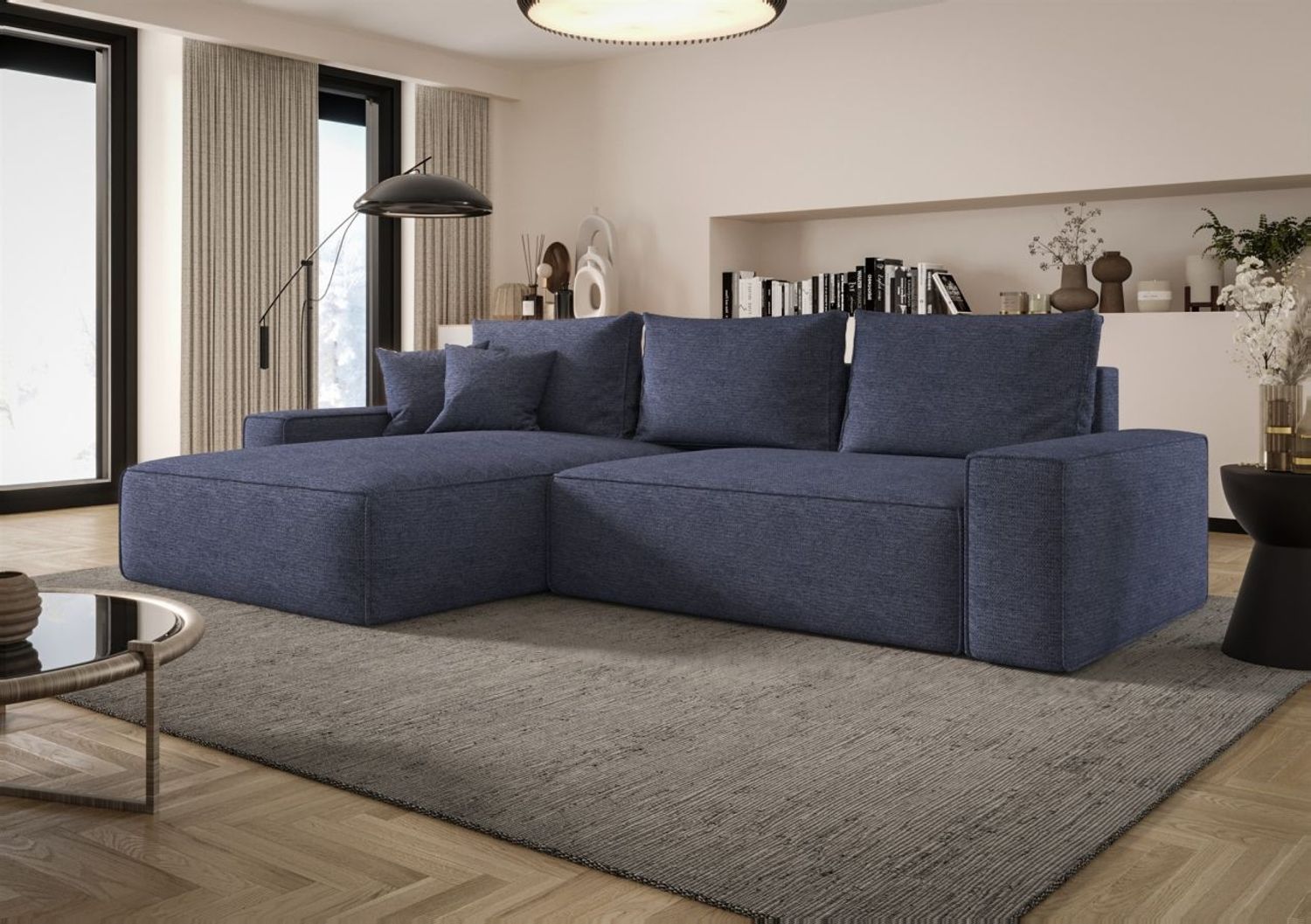 Ecksofa Schlafsofa Sofa WALKEN Stoff Aragon Blau Ottomane Links Bild 1
