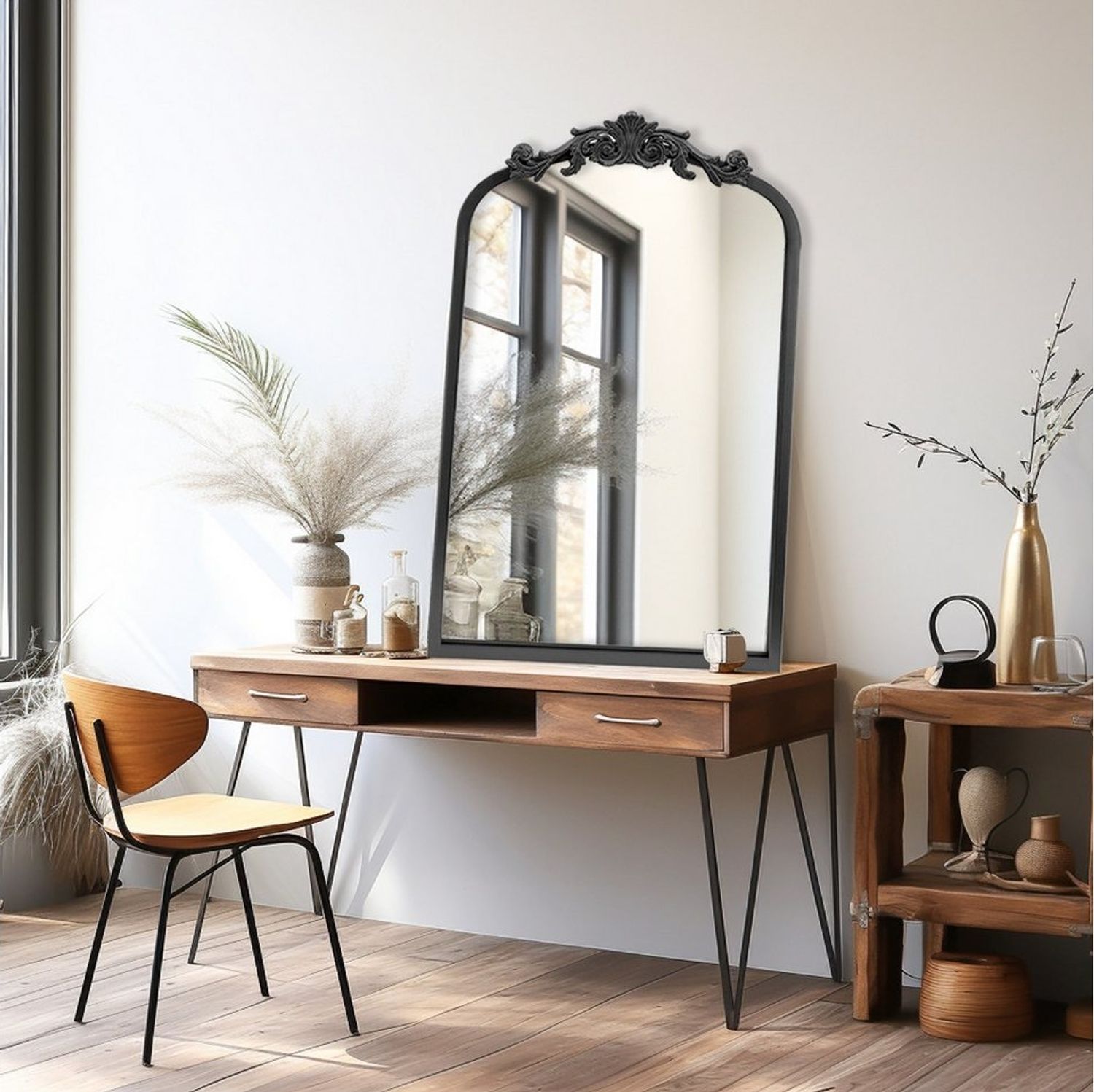 G-LEAF Spiegel Wandspiegel/Ganzkörperspiegel im Barockstil, mit Perlenverzierung (1-St), mit verschlungenen Mustern, 90×60cm, Schwarz Bild 1