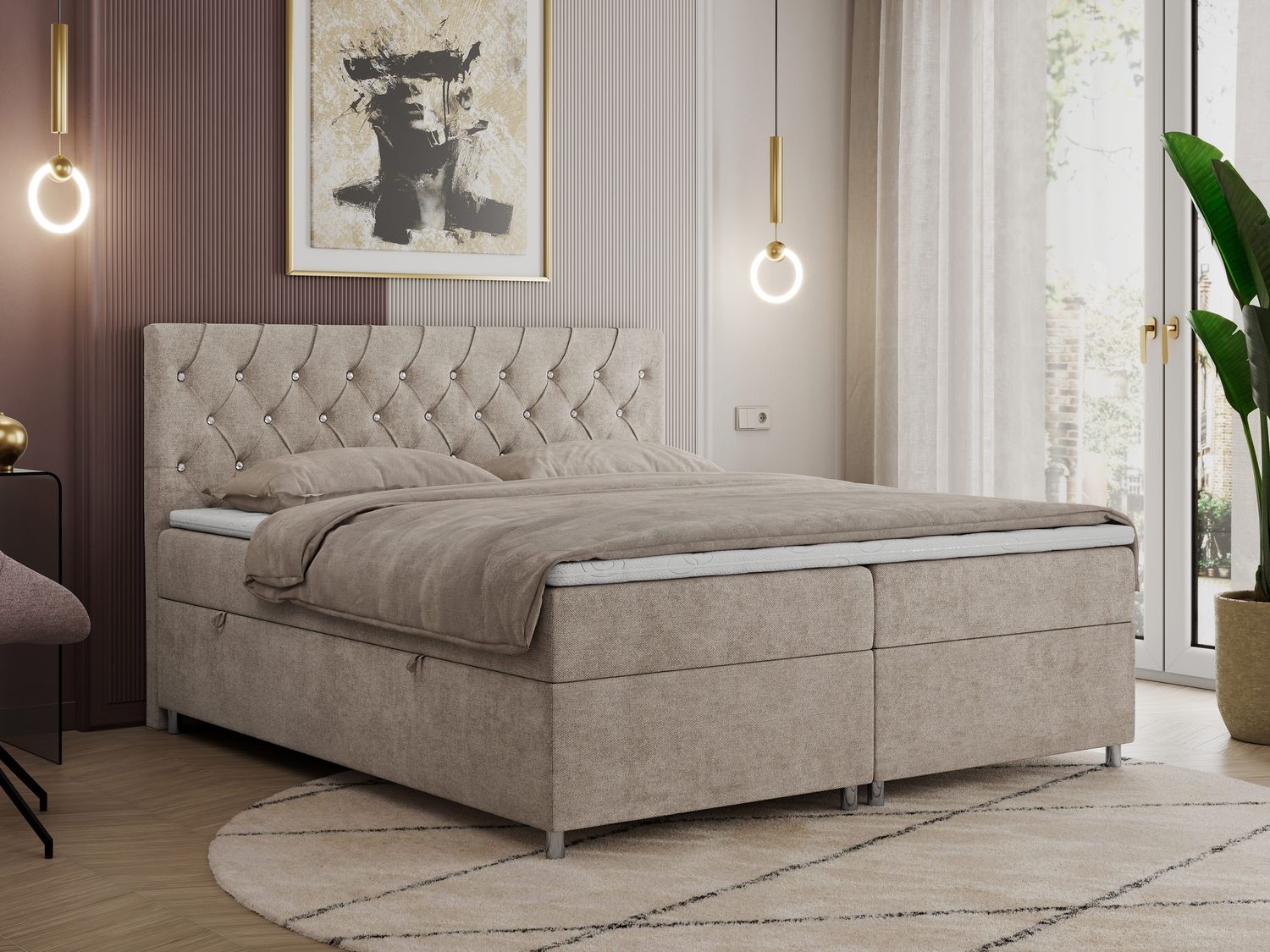 Boxspringbett Doppelbett Polsterbett Kunstlederbett mit Bettkasten - ROMA - 120x200cm - Beige Stoff - H4 Bild 1
