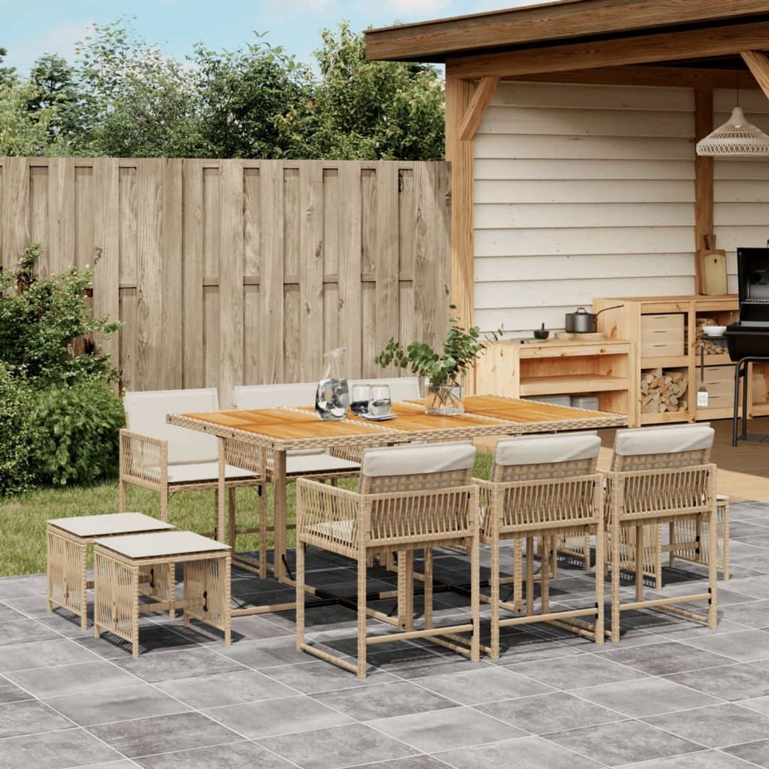 vidaXL 11-tlg. Garten-Essgruppe mit Kissen Beige Poly Rattan 3211516 Bild 1