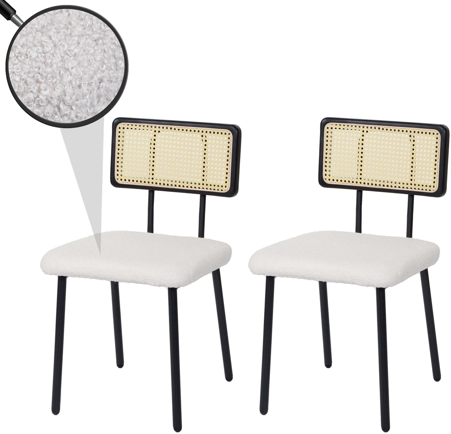 2er-Set Esszimmerstuhl HWC-K88, Lehnstuhl Stuhl, Holz Poly-Rattan Metall Bouclé ~ Stoff/Textil weiß Bild 1