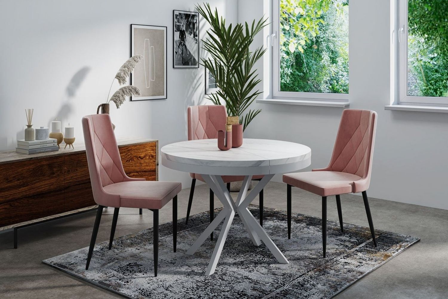 WFL GROUP Esstisch Cloud ausziehbar rund industrial mit weißen Metallbeinen (MADE IN EU, erhältlich in 3 Größen – 90/100/120 cm ausziehbar auf 170/180/200 cm), platzsparender Tisch in Holzoptik für Küche, Esszimmer oder Wohnzimmer Bild 1